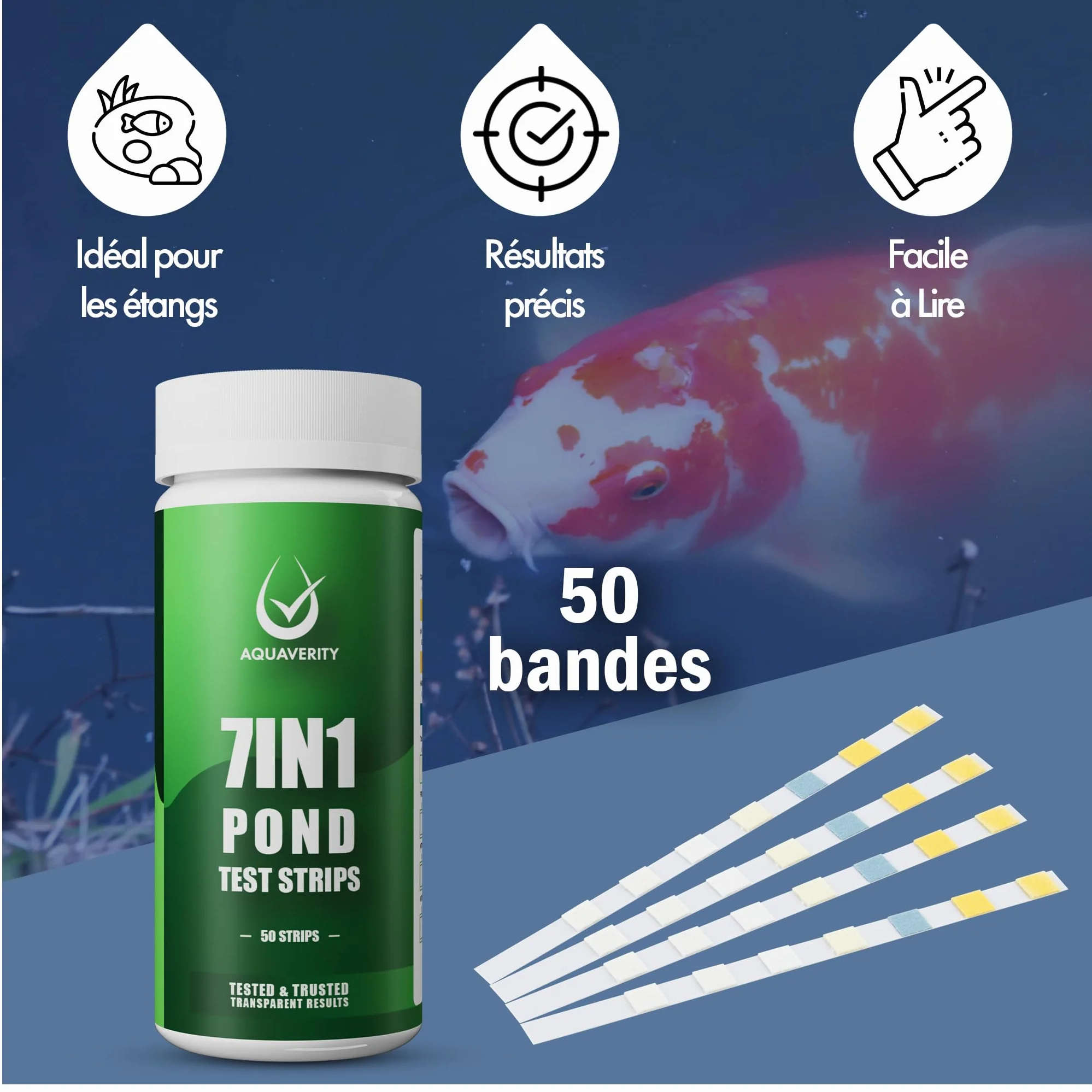Bandelettes de test 7 en 1 pour bassin – Kit de test précis pour le pH, les nitrates, les nitrites, les carbonates, la dureté, le chlore total et libre – Pour bassins – 50 bandelettes