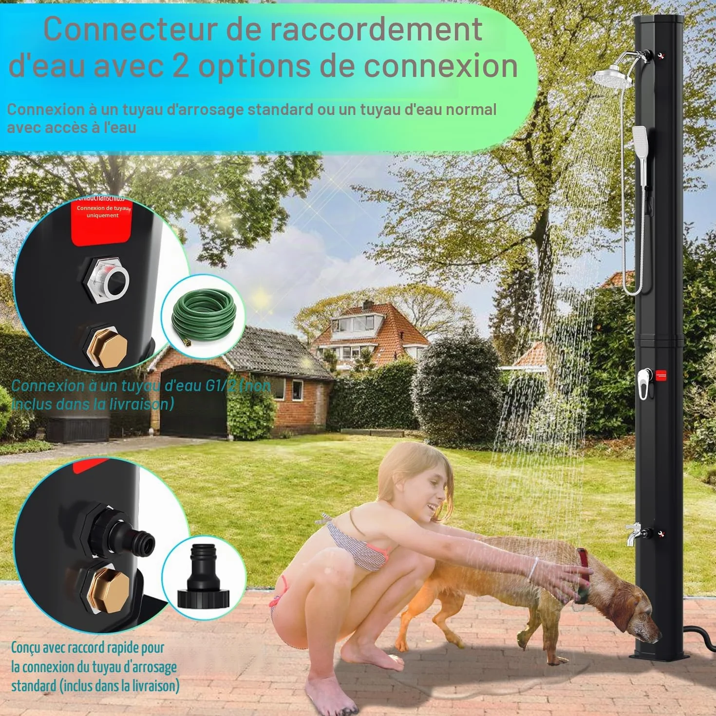Herrselsam Douche Solaire de Jardin 40 l avec Capot de Protection Eau Chaude 60 °C sans Raccordement Électrique