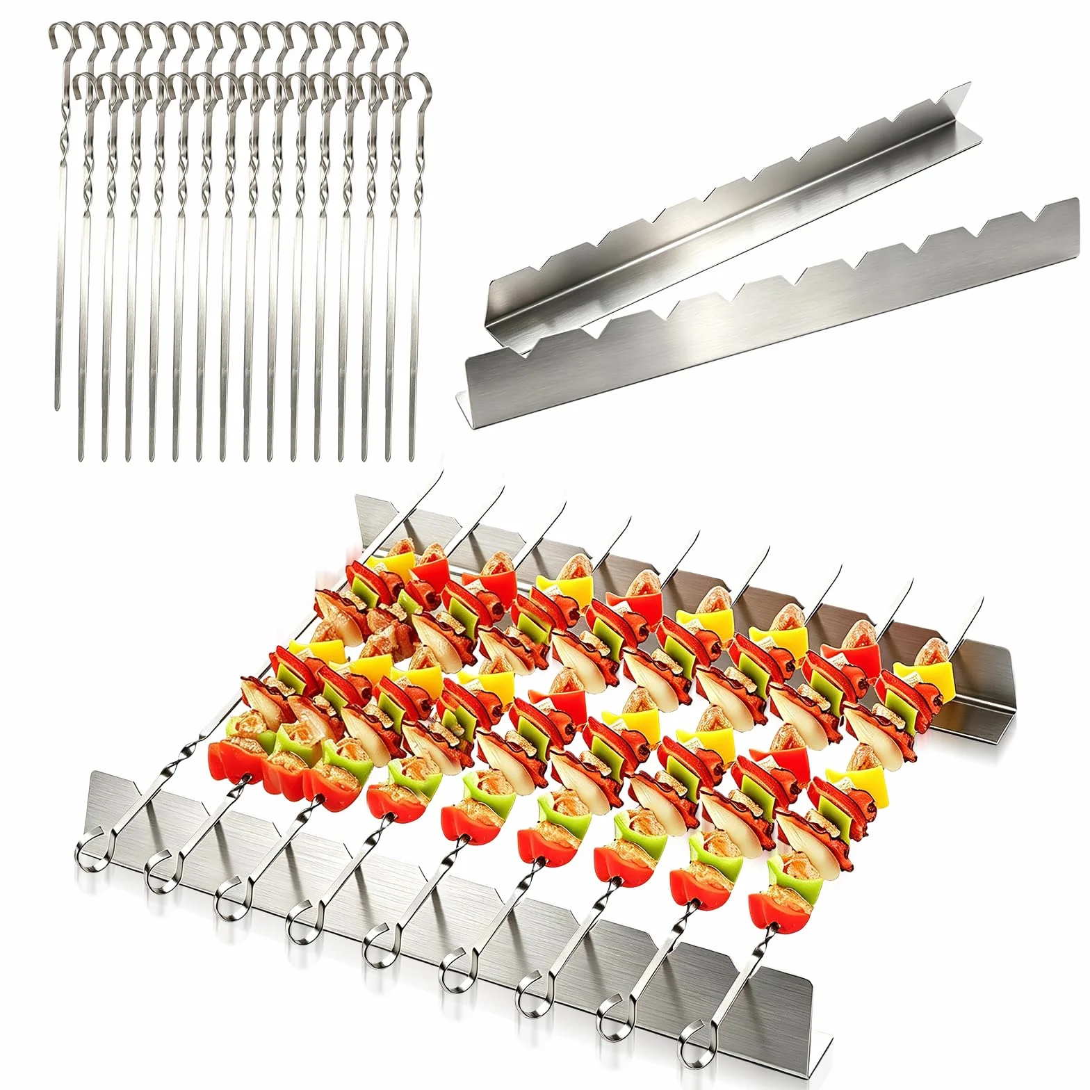 Set de 30 Brochettes Barbecue en Acier Inoxydable 40cm avec 2 Supports de Cuisson à 9 Encoches, Pique à Brochette Plate pour Grillade Jardin, Accessoire Barbecue Inox Lavable au Lave-Vaisselle