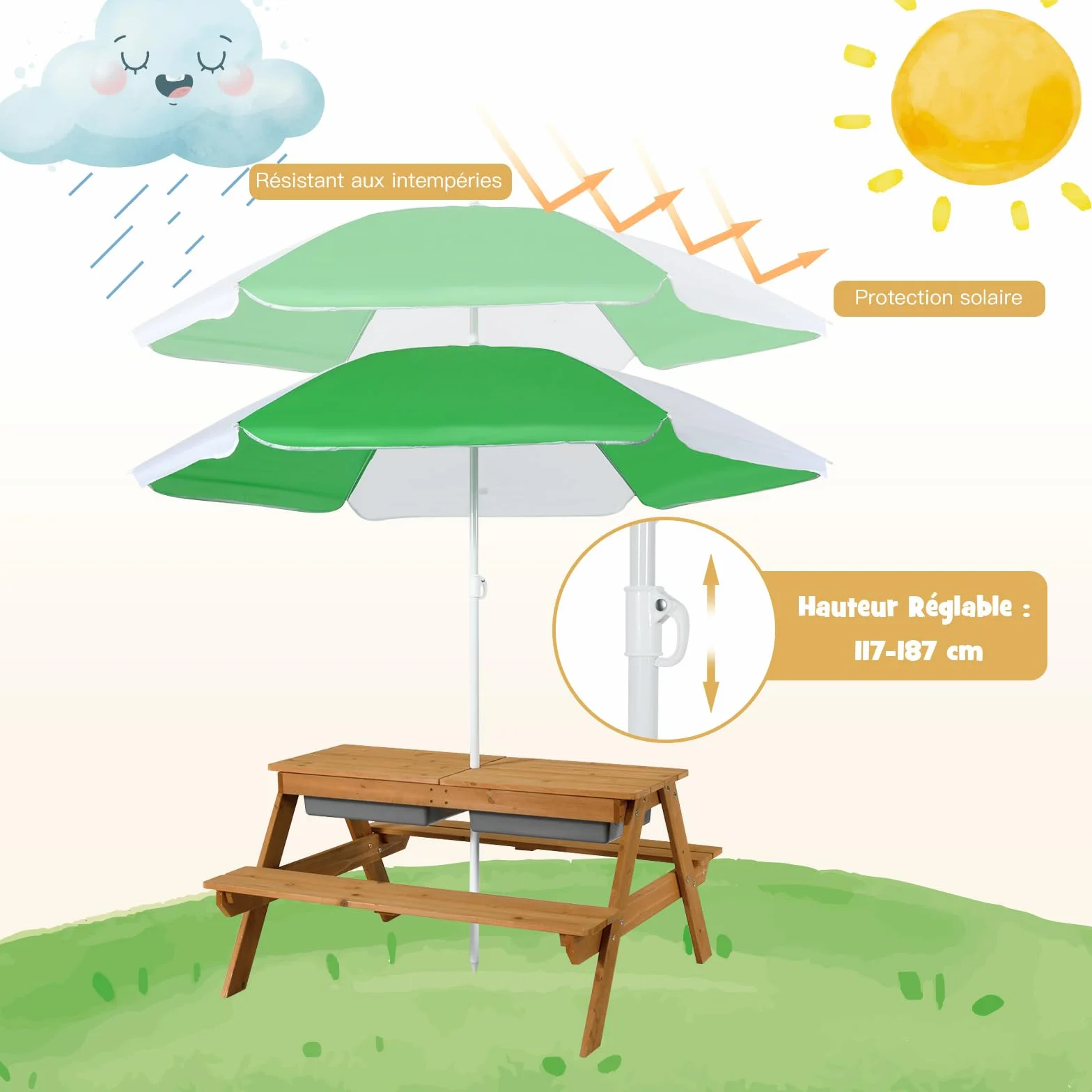 COSTWAY 3 en 1 Table de Pique-Nique Enfants avec Parasol Amovible, Table de Jardin, 2 Boîtes Sable & Eau, Charge 50kg