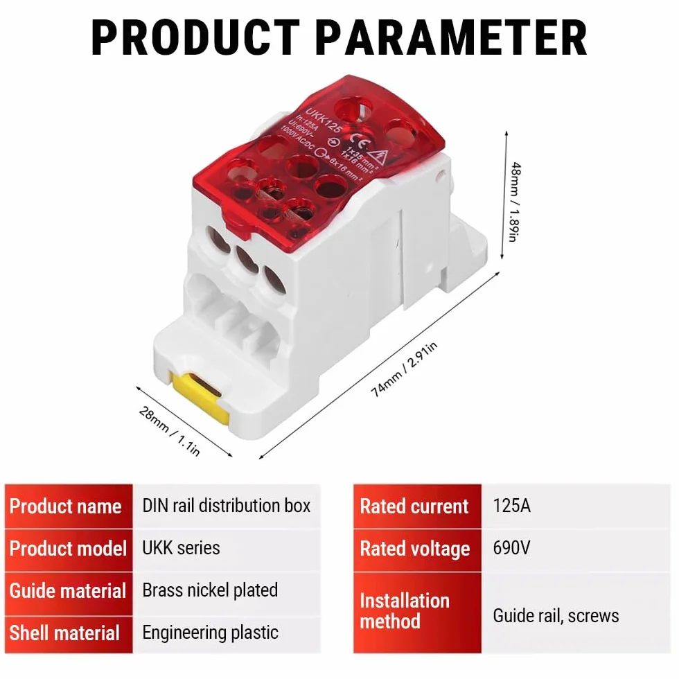 UKK125 Bornier Rail DIN, Bloc de Jonction 690V, Rouge