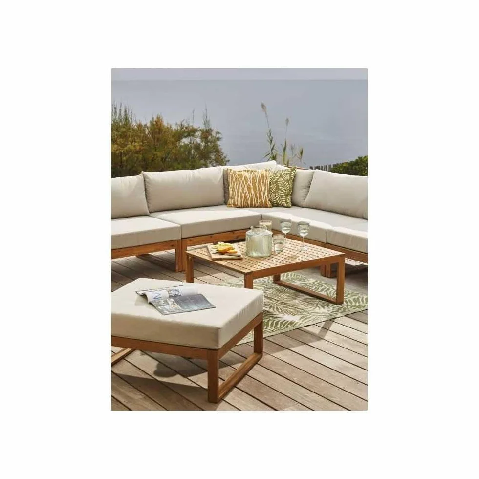 Salon de Jardin LEVATA en Bois dacacia FSC - 6 Personnes avec Ottoman - Coussins Gris et Deux Tons + Housse Incluse