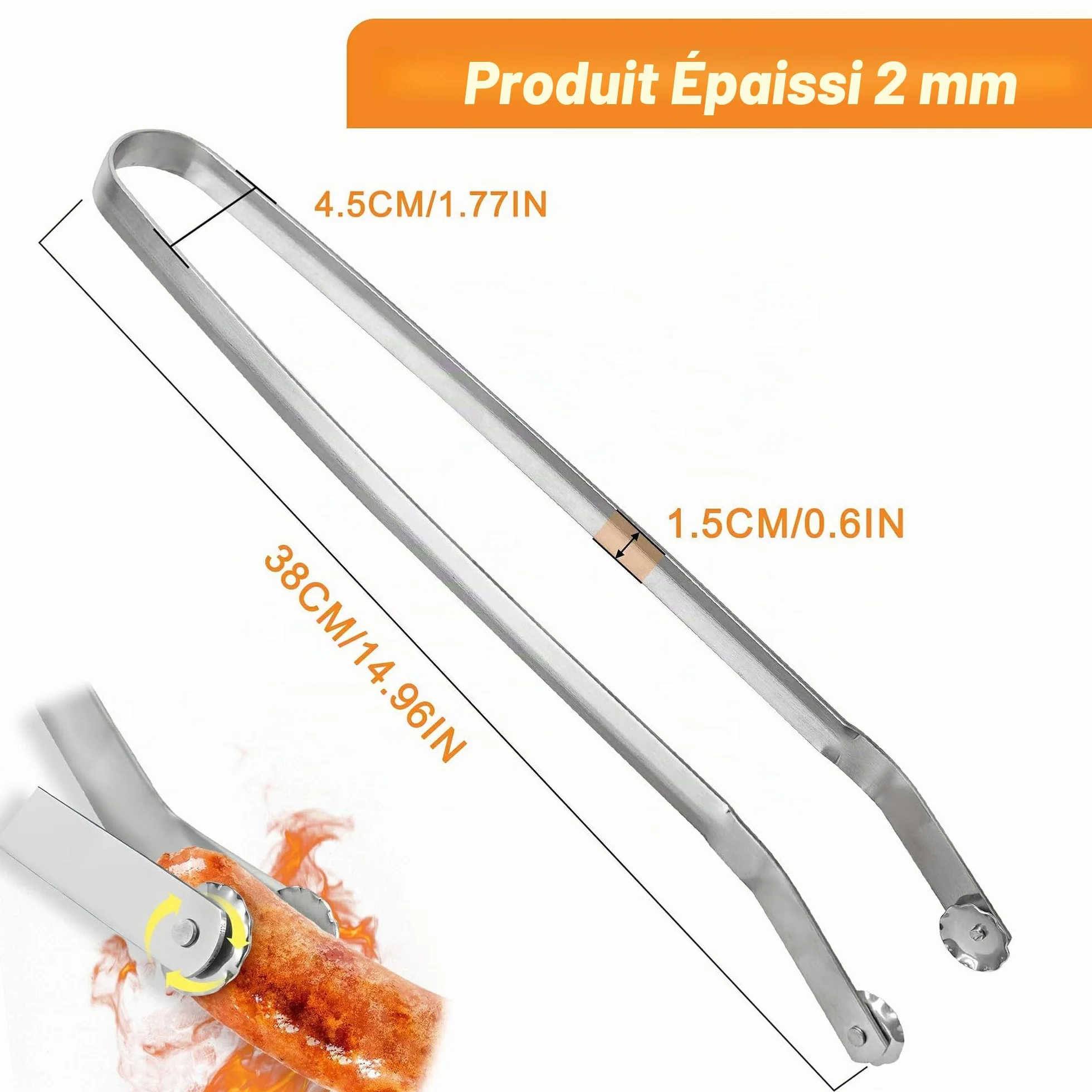 Hysenm Lot de 2 pinces à saucisses BBQ en acier inoxydable à long manche pour griller et retourner