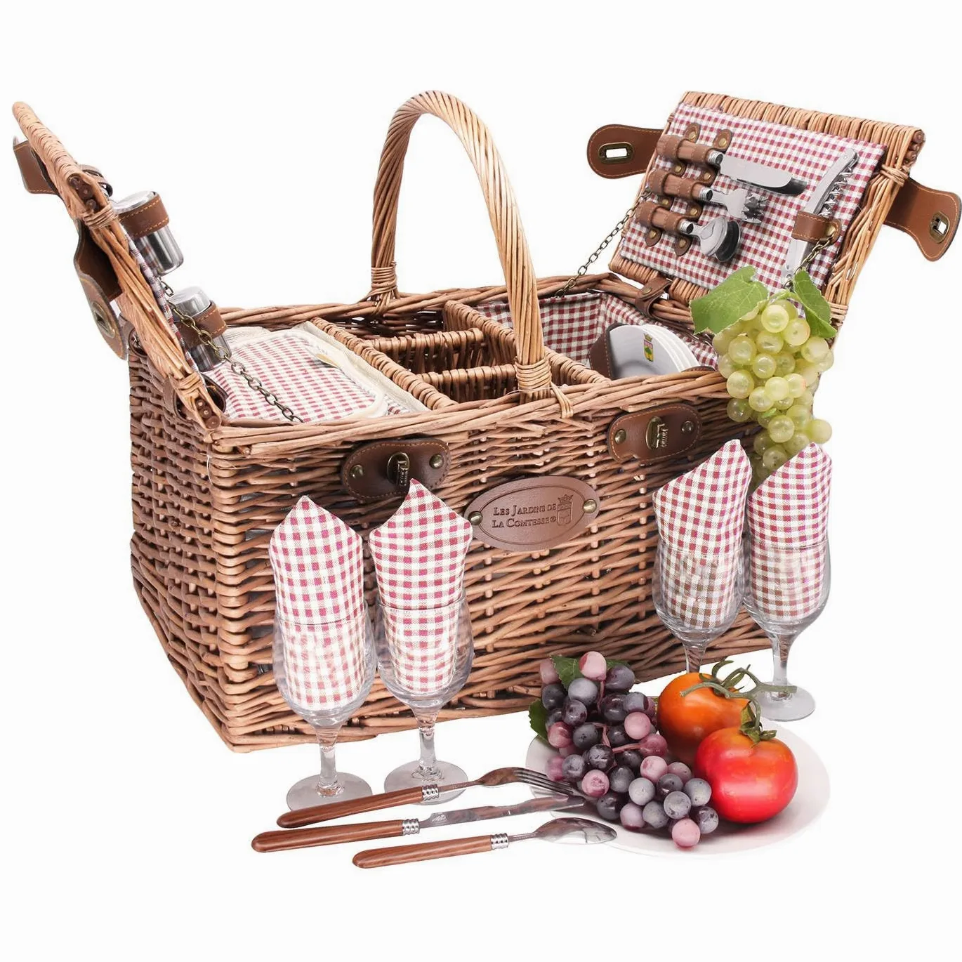 Les Jardins de la Comtesse - Panier Pique Nique Saint-Germain Vichy Rouge - 4 Personnes - Vendu avec Vaisselle - Compartiment Isotherme - Osier Naturel - 46 x 33 x 24 cm
