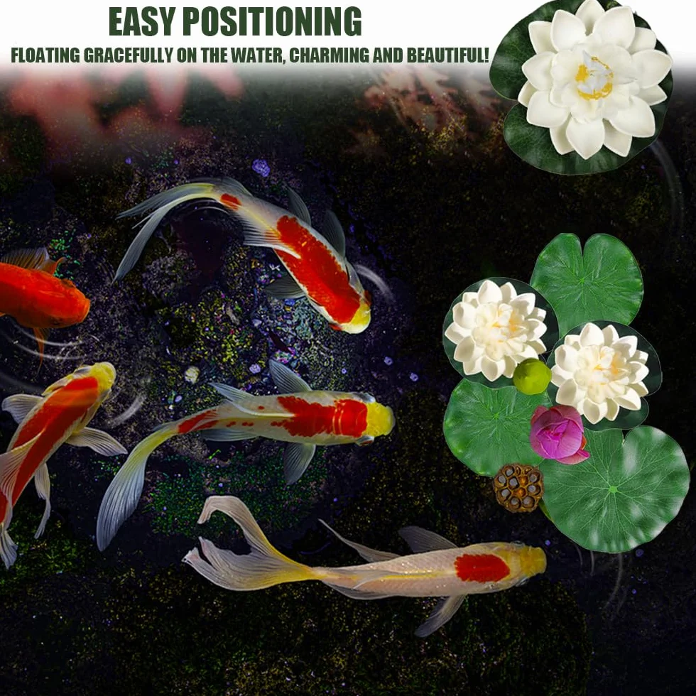 Lot de 7 fleurs de lotus artificielles flottantes pour décoration d'étang, feuillage et fleur en mousse pour étang, terrasse, jardin, piscine, aquarium, 2 styles