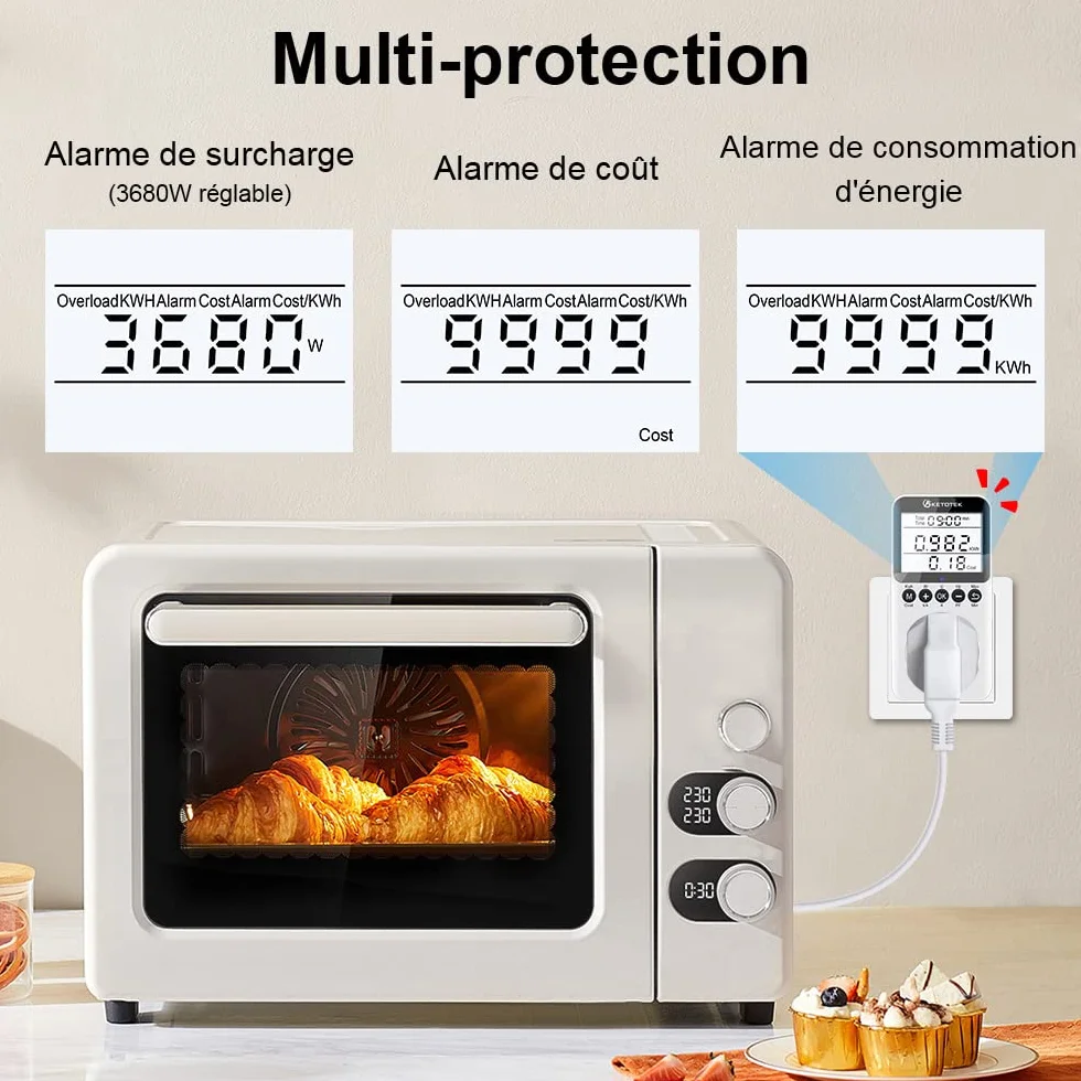 KETOTEK Wattmètre Prise Compteur d'Énergie, Écran LCD Rétroéclairé, Protection Contre Les Surcharges 3680W