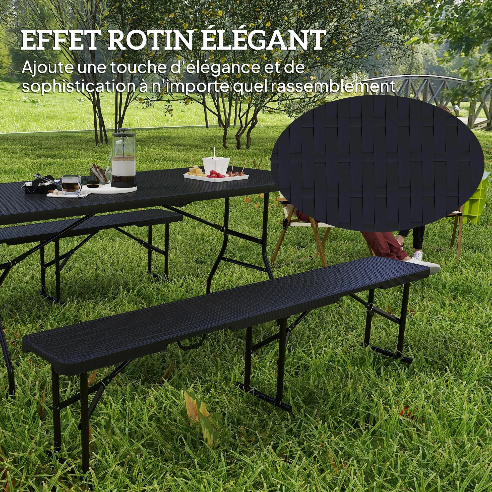 Outsunny Table Pliante Pique-Nique 180 cm Banc Camping Noir Rotin