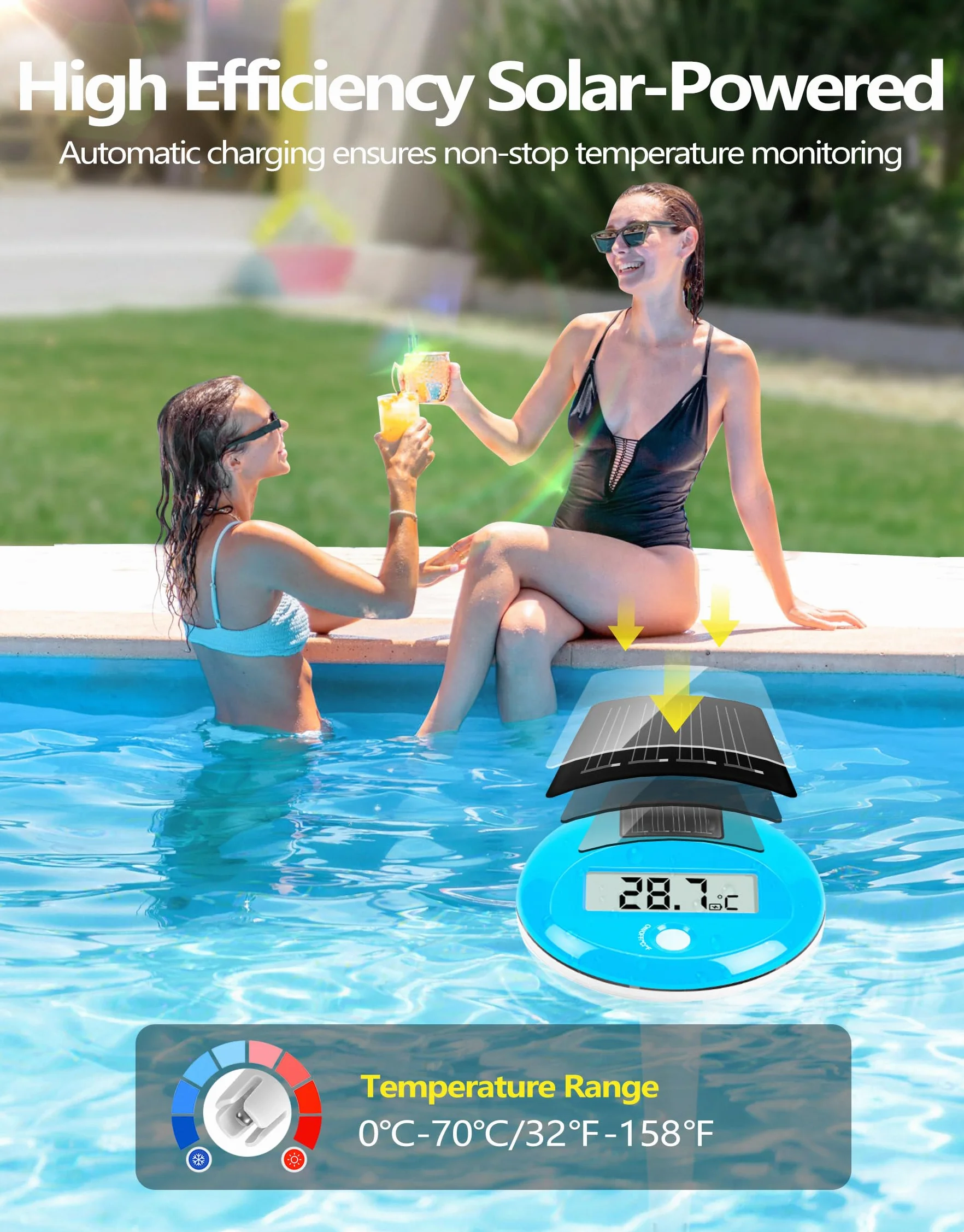 PoolLeader Thermomètre Piscine Flottant Numérique IP68 Grand Écran LCD