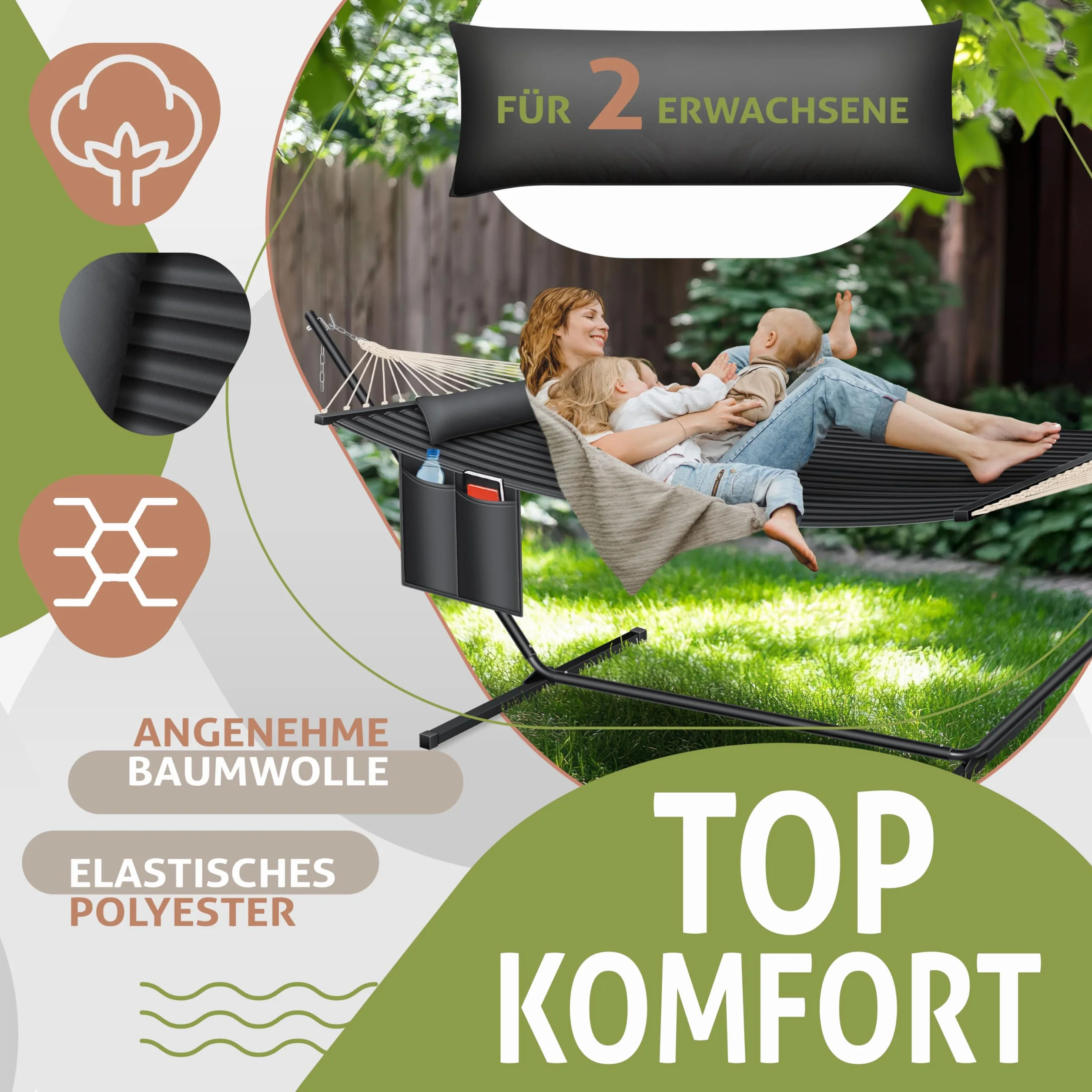 KESSER Hamac Double avec Support Coussin 200 kg Capacité Charge Intérieur Extérieur XXL Fauteuil Suspendu