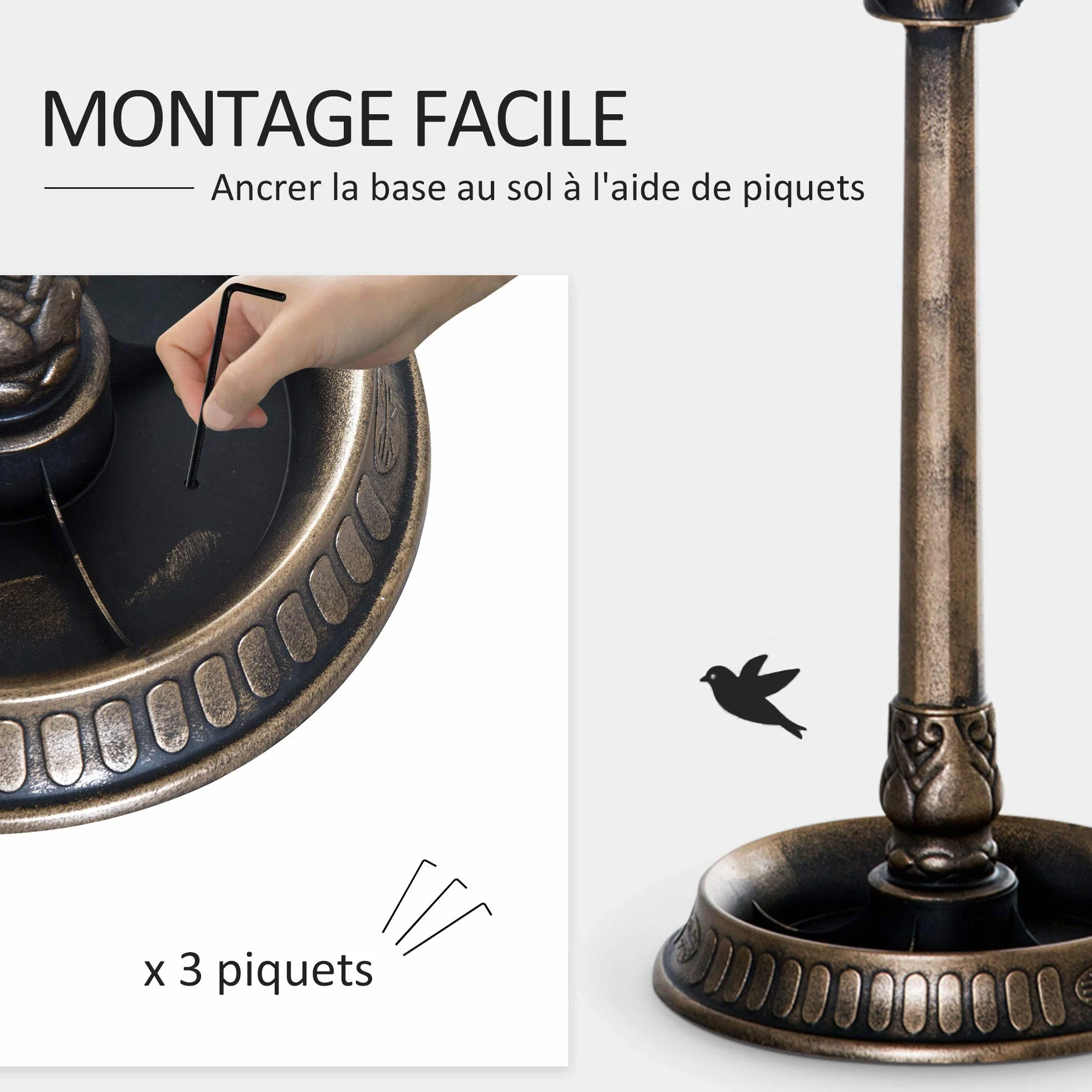 Outsunny Bain d'oiseaux Abreuvoir pour Oiseaux 3 en 1 Ø 50 x 113 cm Polypropylène Bronze Antique
