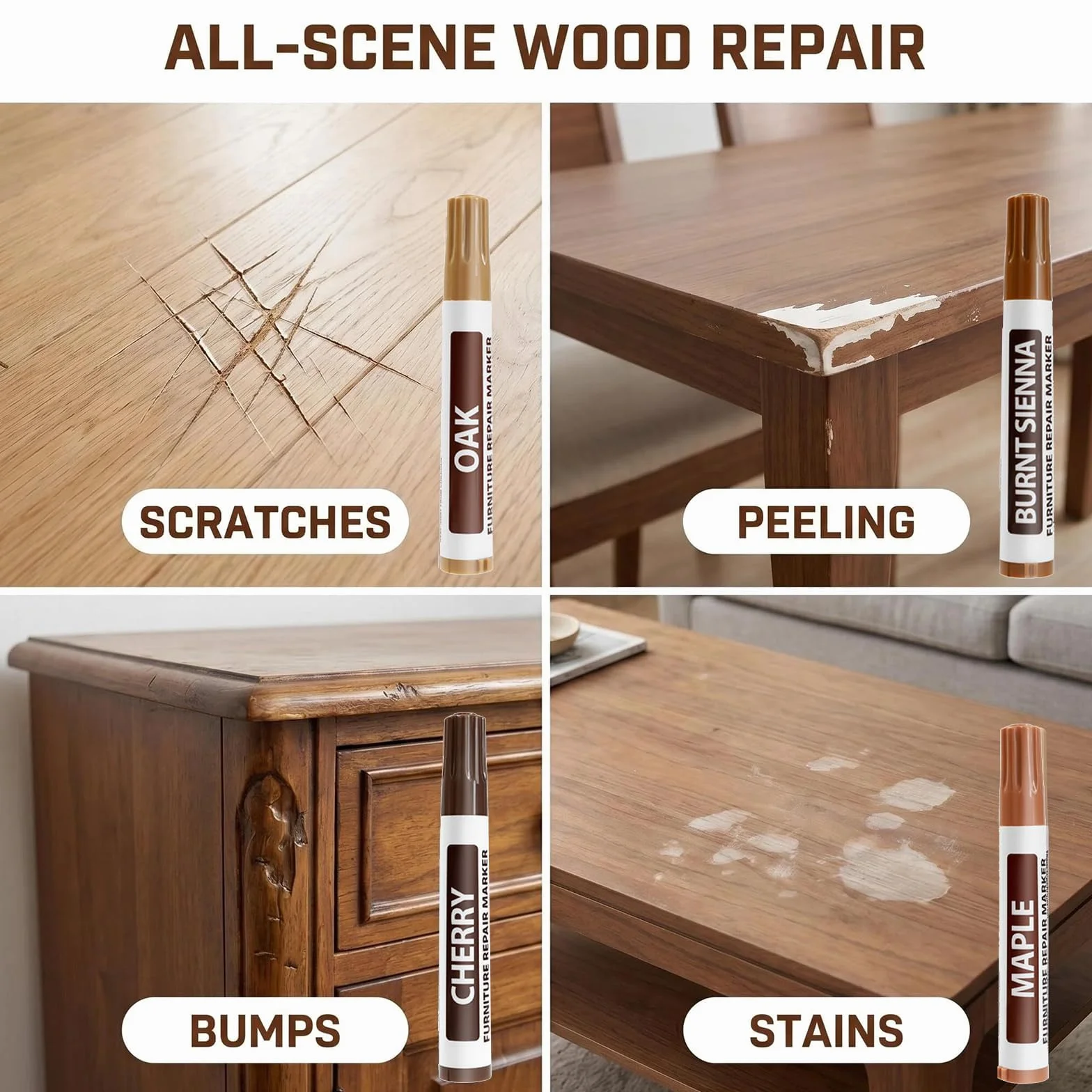 Stylo Marqueurs pour Réparation de Meubles en Bois, Set de Réparation (12 ml, Couleurs Variées) pour Parquet, Meubles, Portes