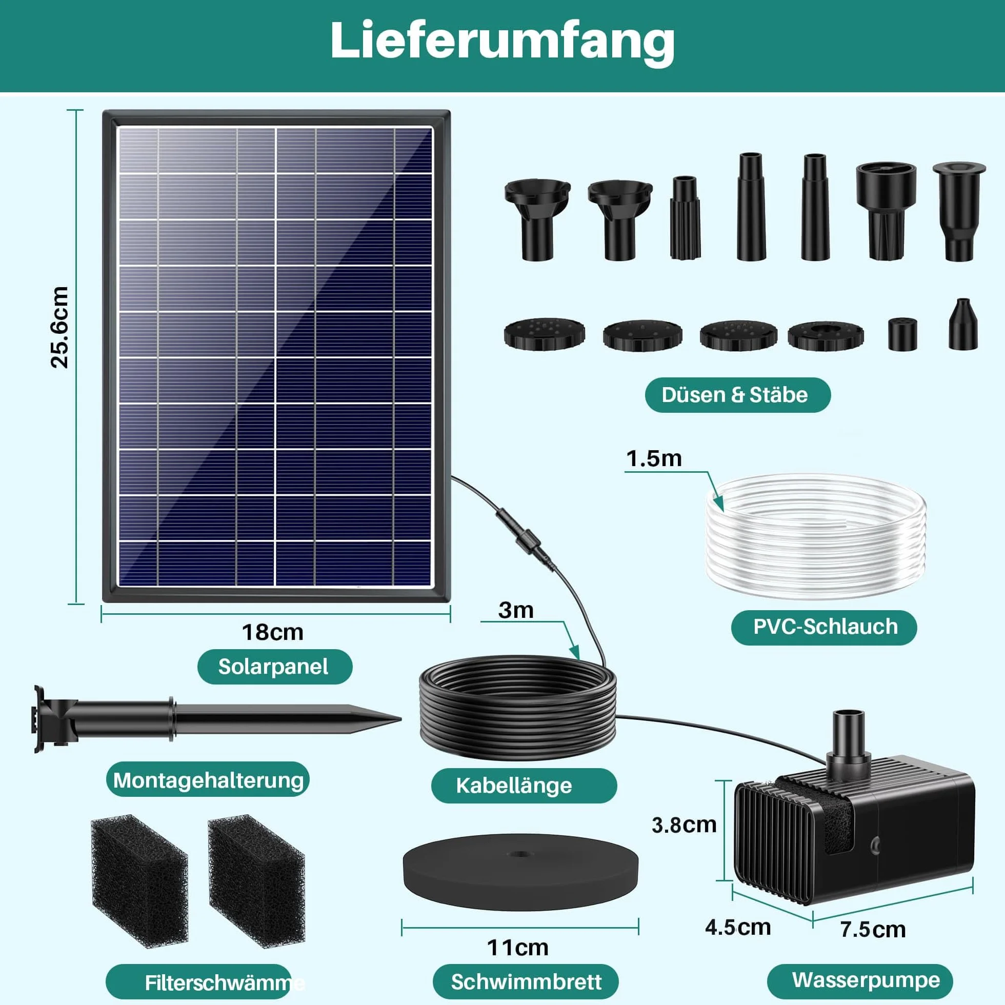 Pompe Solaire Bassin 7.5W avec Batterie, Fontaine Solaire Extérieur 10 Buses, Pompe à Eau Silencieuse pour Bain d'oiseaux