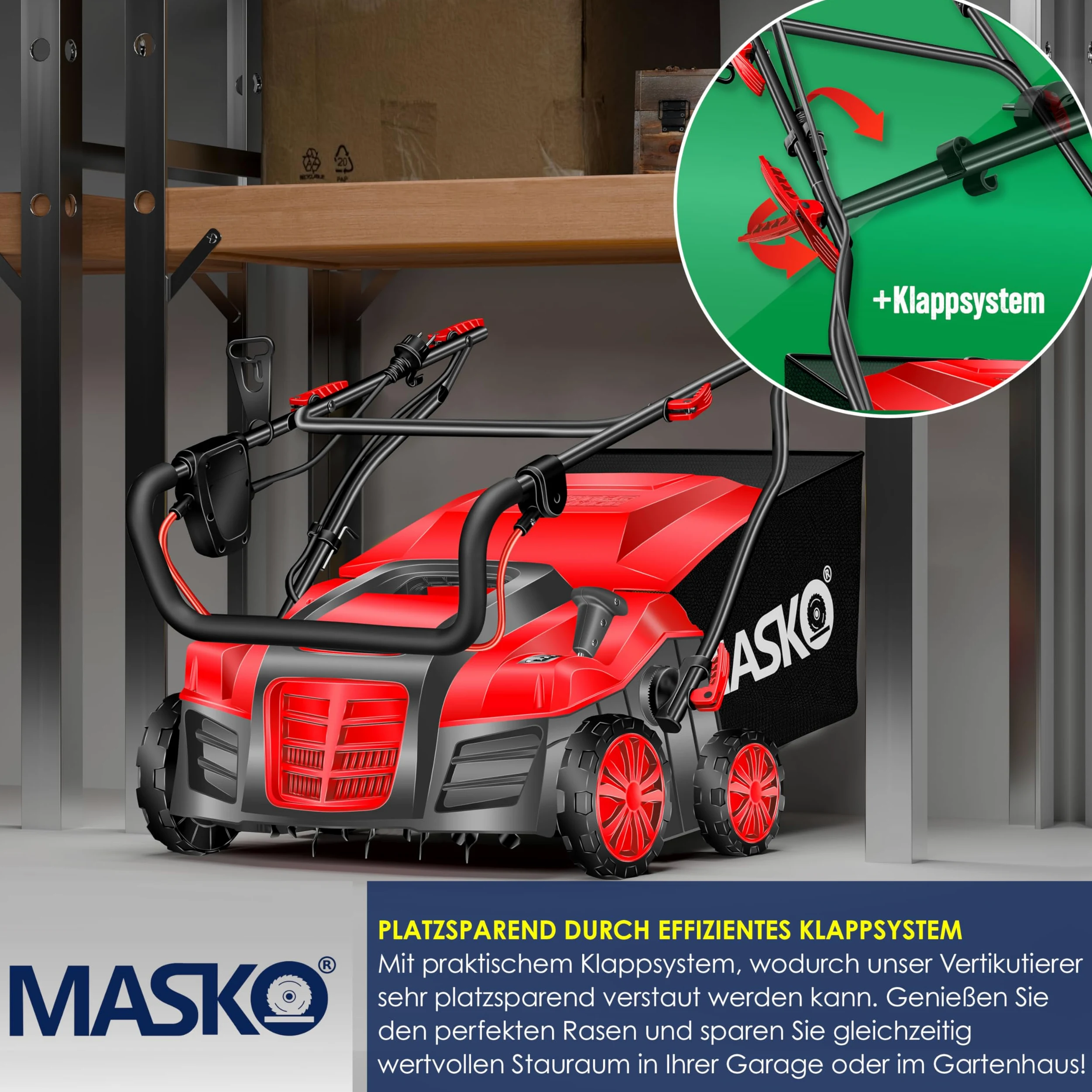 MASKO® Scarificateur électrique 2 en 1 Aérateur de gazon 1 800 watts largeur de travail 40 cm bac de ramassage 55 L incluant rouleau de ventilation aérateur démousseur, profondeur de travail, rouge