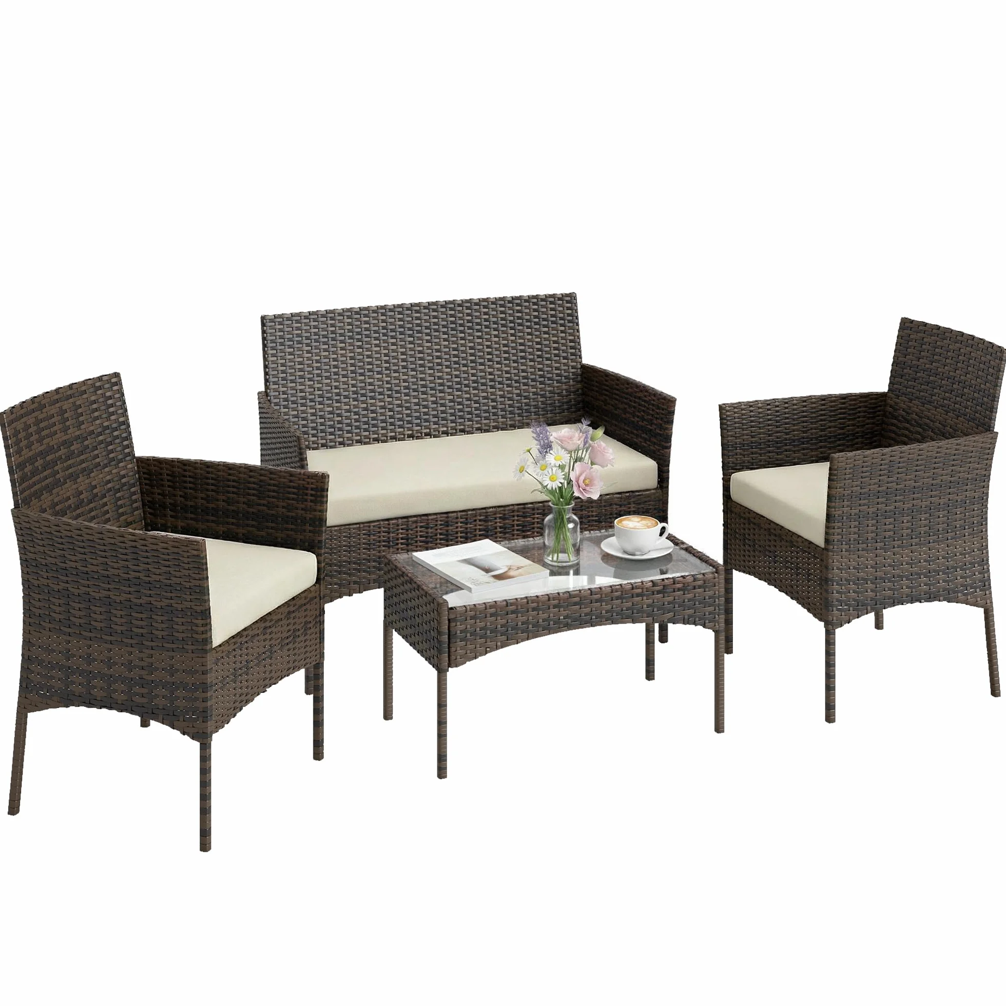 Outsunny Salon de Jardin extérieur 4 Personnes, Salon de Balcon en résine tressée avec canapés et Table Basse en Verre trempé, Coussins déhoussables Inclus, pour Patio Balcon terrasse, Beige