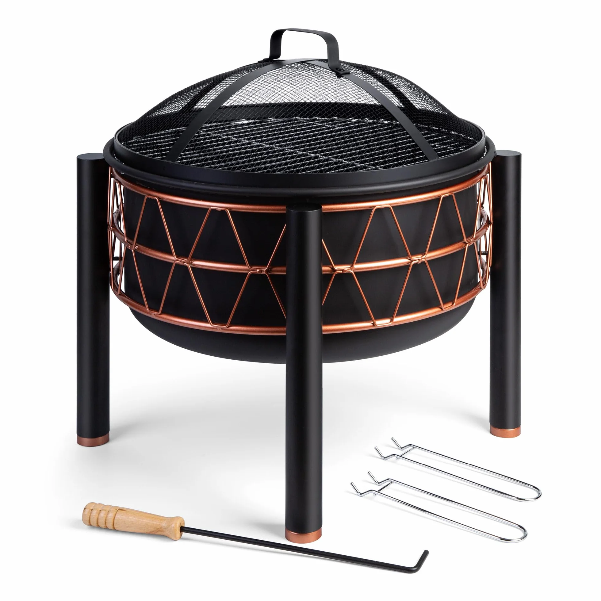 VonHaus Brasero 2-en-1 avec Grille BBQ Jardin Terrasse Extérieur Acier Noir Détail Cuivre Tisonnier Couvercle Maille Inclus Bois Charbon