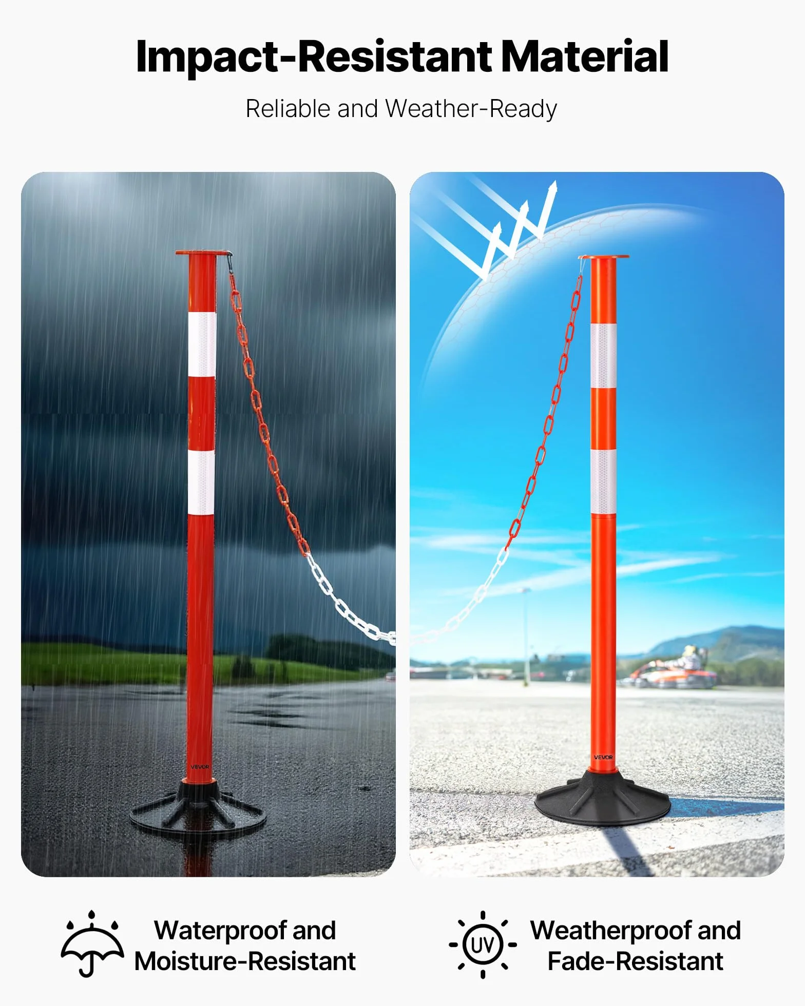 VEVOR Poteau de Signalisation 3PCs 87,1 cm, Balise Délimitation Base Lestée, Bandes Réfléchissantes Chaîne