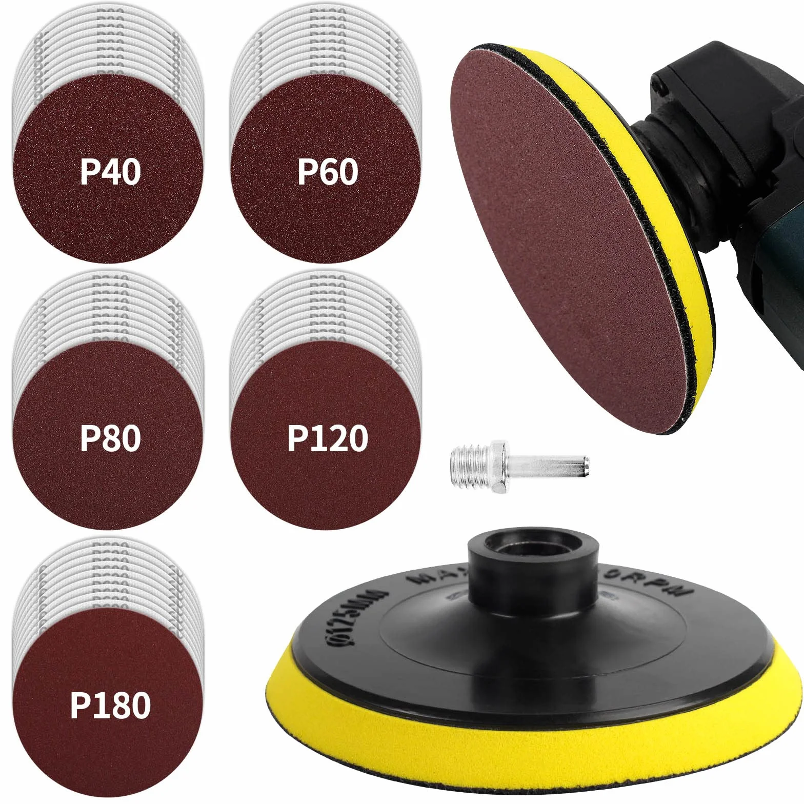 Pomsare Disques Plateau de Ponçage 125mm M14 50 Pièces Abrasifs Meuleuse d'angle Grain 10x 40/60/80/120/180 Poncer Polir Dérouiller