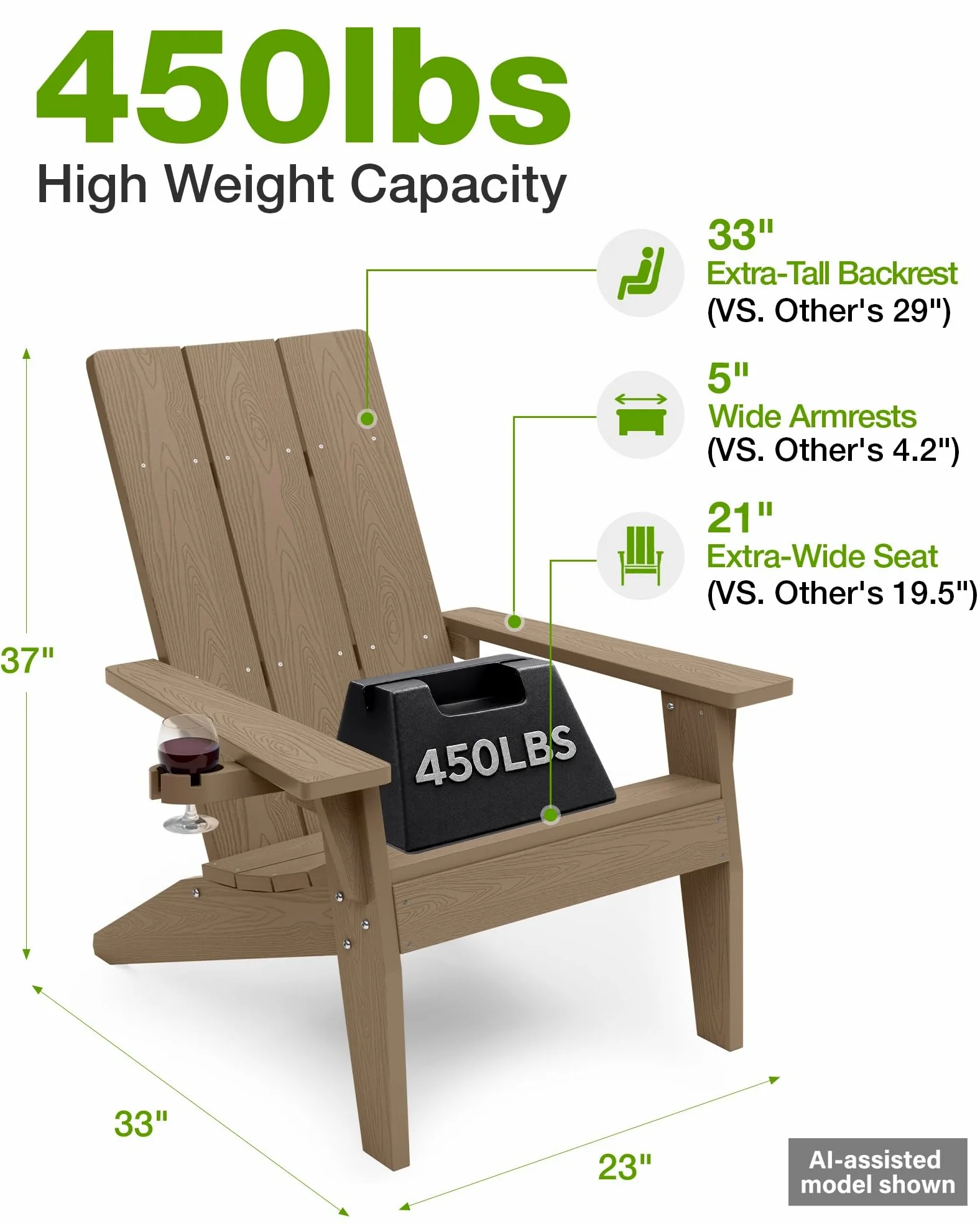 MXIMU Chaise Adirondack Moderne résistante aux intempéries avec Porte-gobelet – Chaises d'extérieur en Plastique surdimensionnées pour Foyer (Teck)