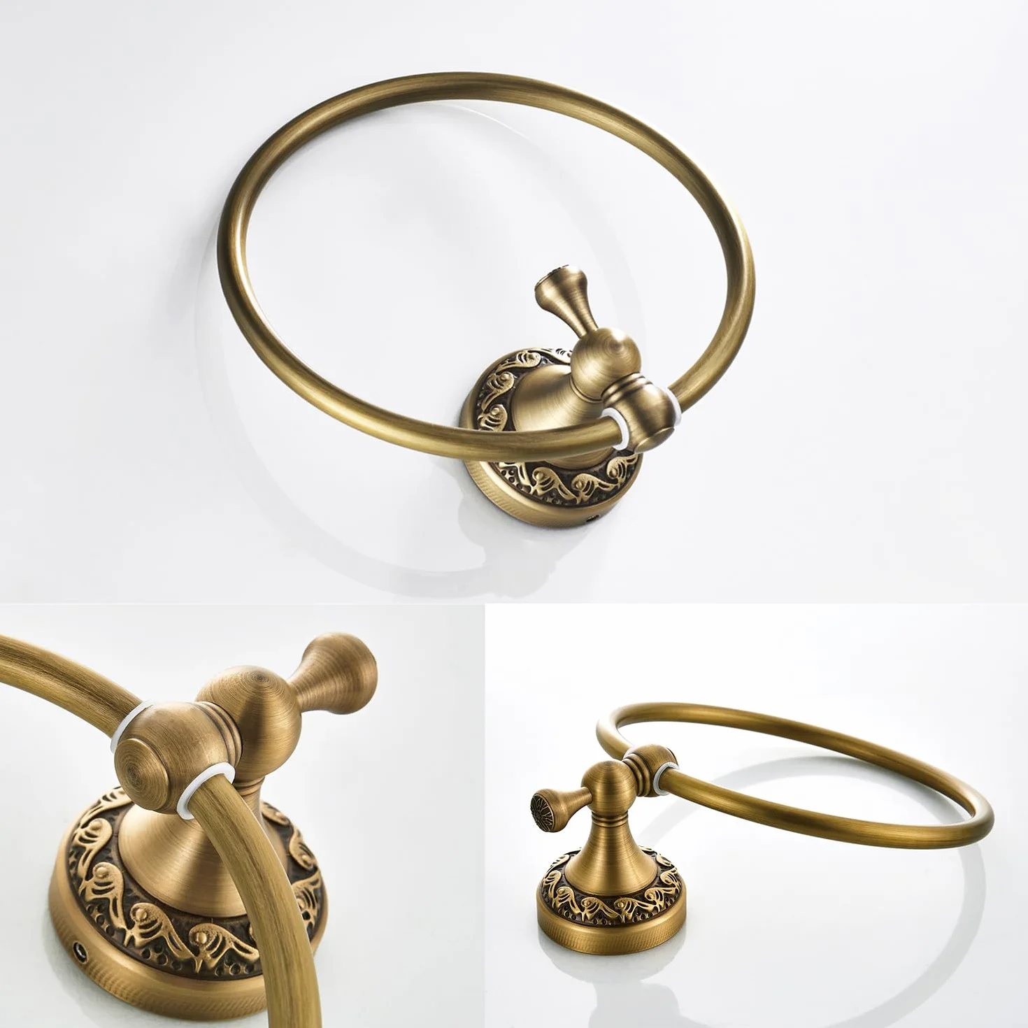 Porte Serviette Rond Laiton Antique avec Motif Exquis Carving Mural Salle de Bain, Bronze Brossé
