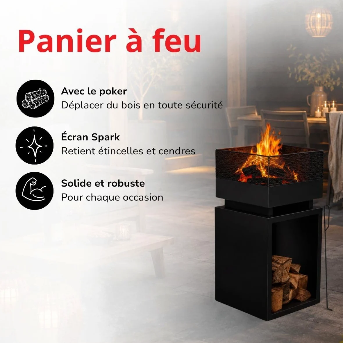 BBQ Collection Brasero Exterieus avec Pare-Étincelles - Cheminée de Jardin 39 x 39 x 85 cm - Cheminée Decoration Jardin Exterieur et Rangement du Bois de Chauffage - Acier au Carbone