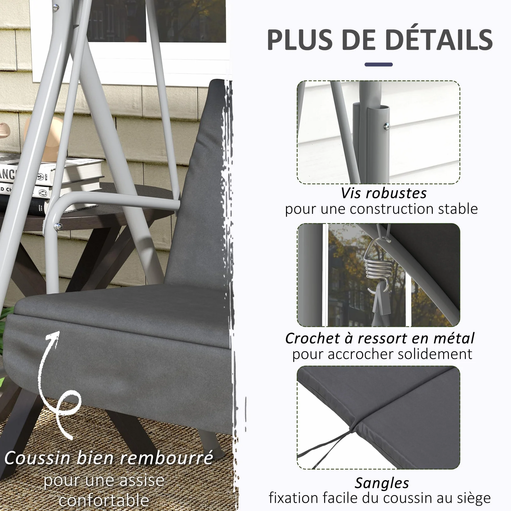 Outsunny Balancelle de Jardin 2 Places avec Auvent Inclinable Tablette Centrale 175x112x158 cm Gris
