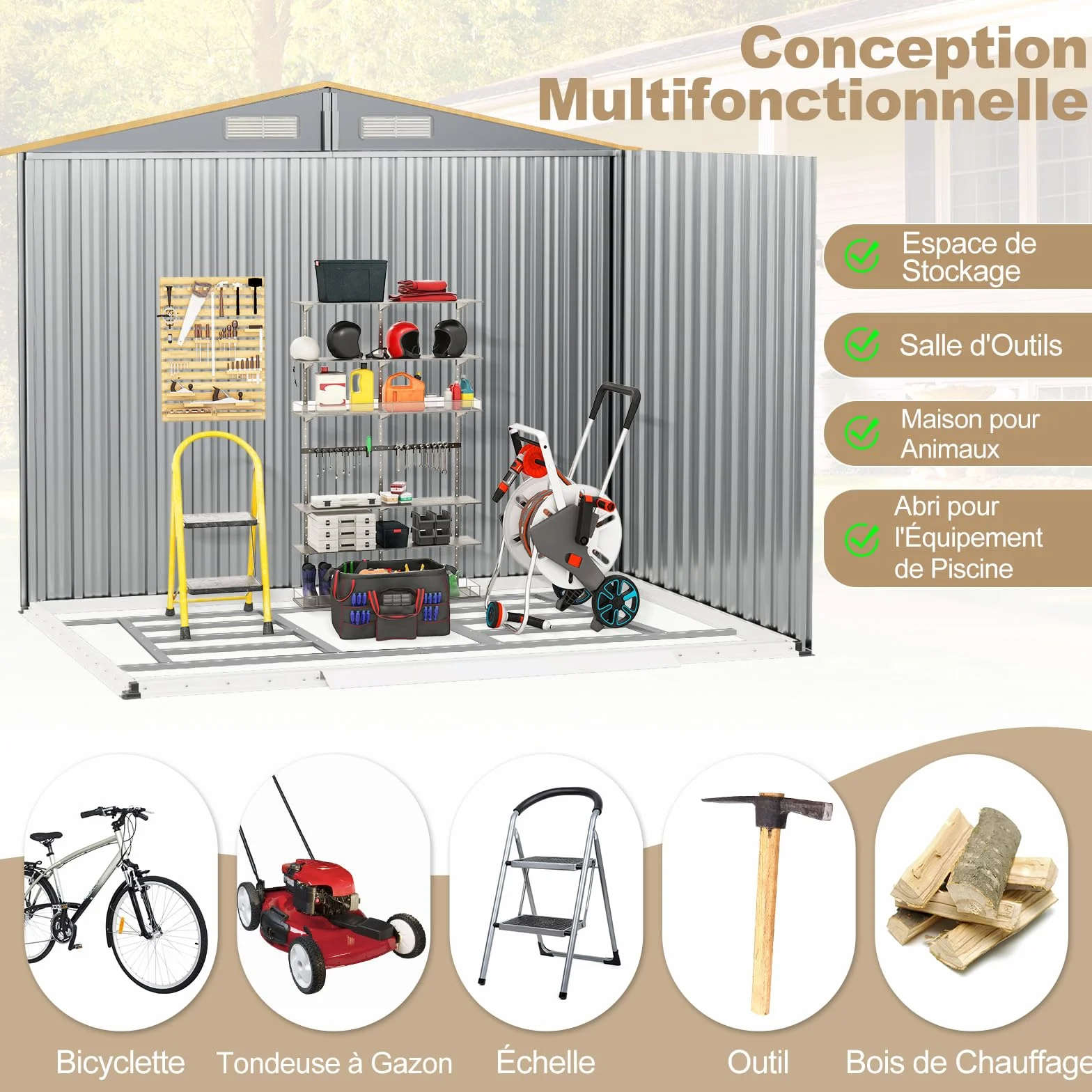 COSTWAY Abri de Jardin 5㎡ Acier Galvanisé Anti-UV 259x196x184 cm Cabane Exterieur 7m³ Porte Coulissante