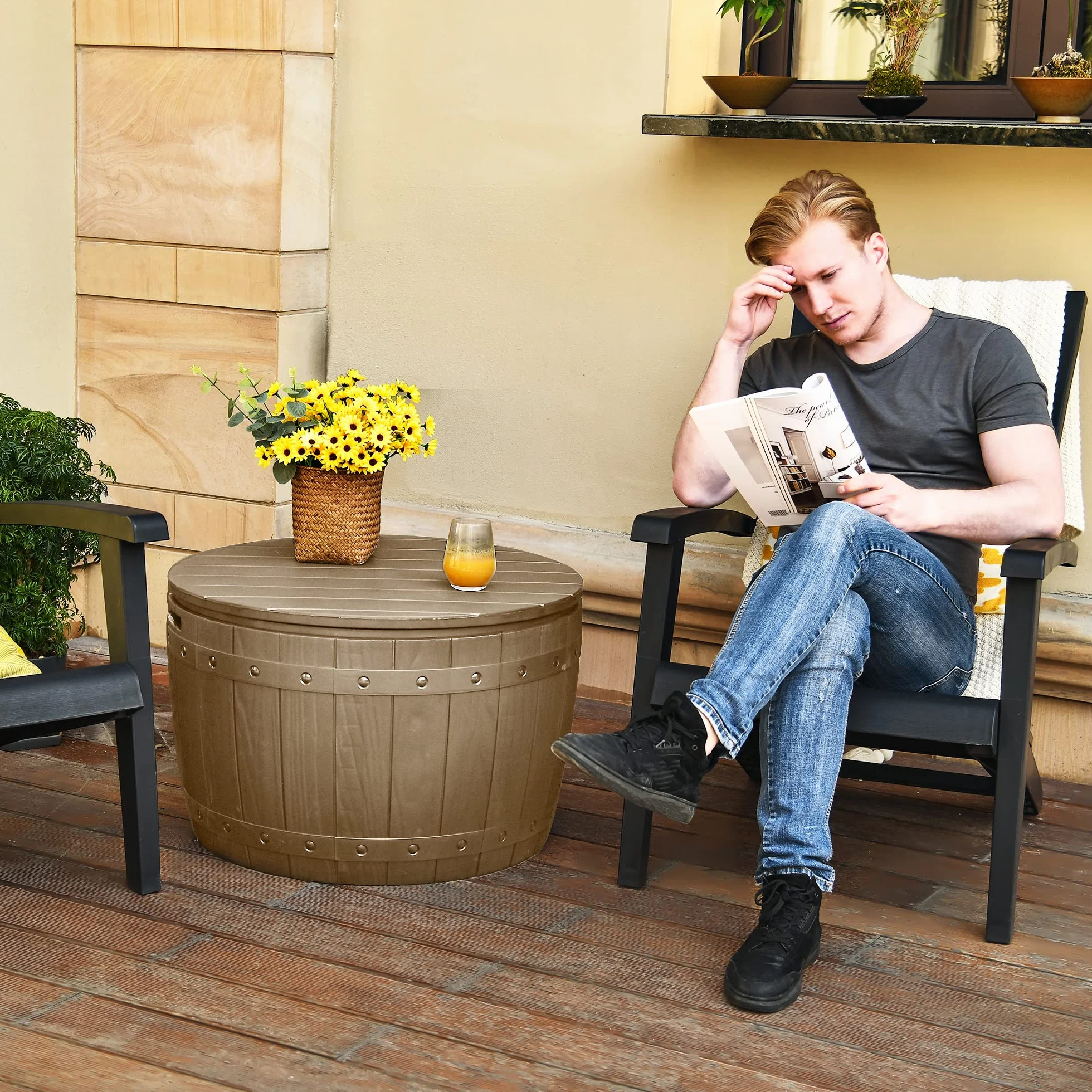 YITAHOME Coffre de Rangement Ronde 127L, Boîte Extérieure Imperméable Résine, Marron Clair