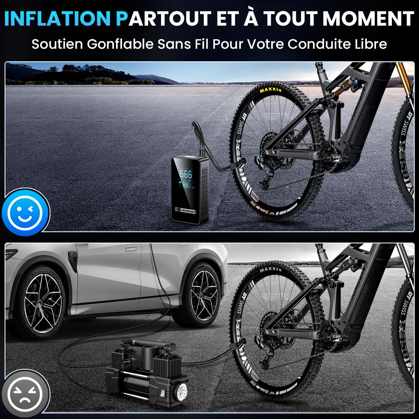 Gonfleur Pneus Voiture Sans Fil 150 PSI Compresseur Air Portatif Batterie Rechargeable