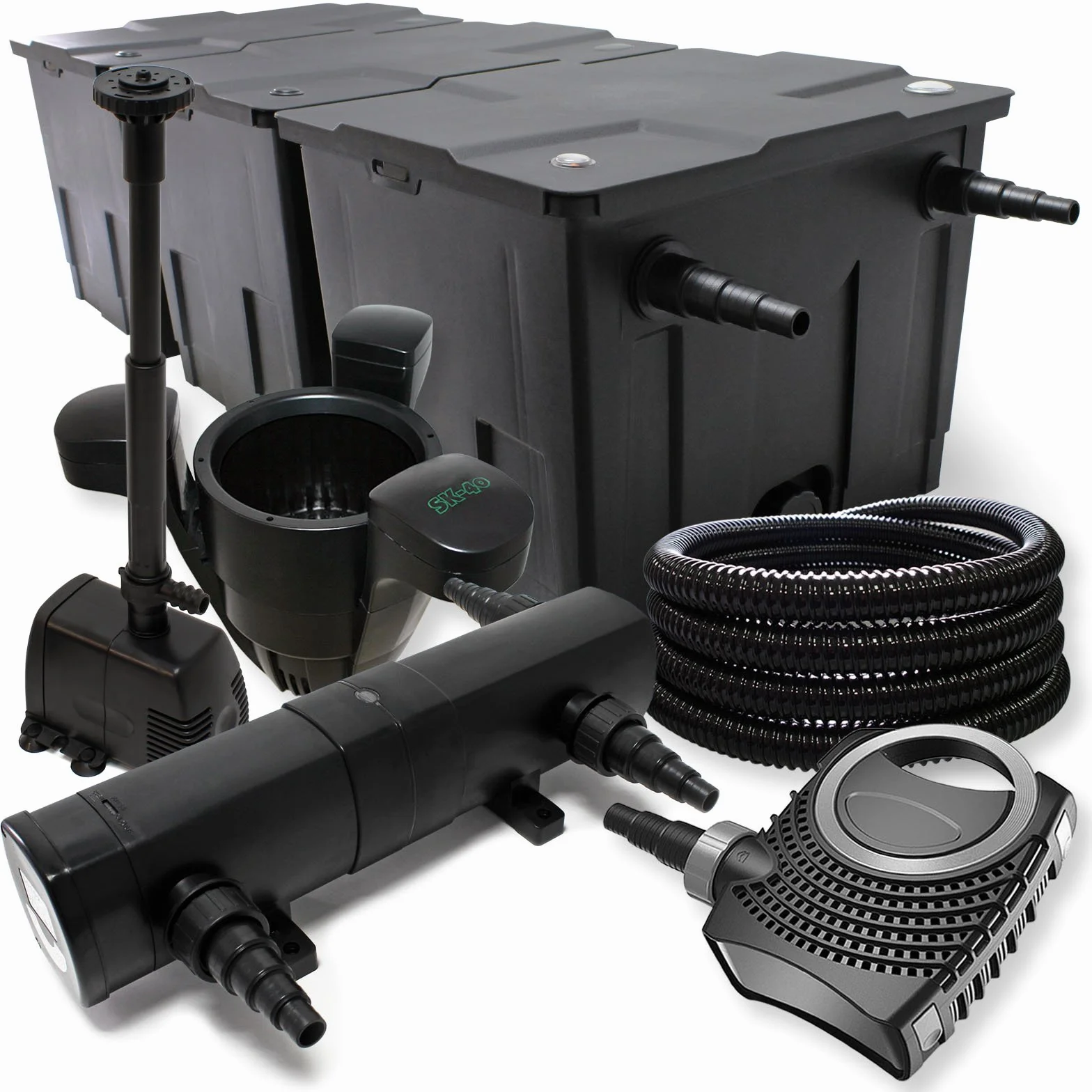 WilTec Kit Complet: CBF-350C Filtre de Bassin jusqu'à 90000 L, NEO10000 Pompe de Filtration 10000l/h 80W, CUV-224 Lampe UV 24W, 25m Tuyau 25 mm, SK-40 Écumeur 3000l/h 60W, HJ-943 Fontaine 800l/h 16W