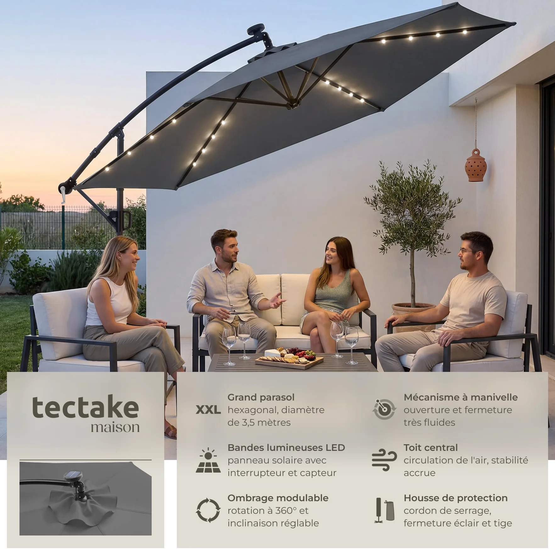 Tectake Parasol déporté 3,5 x 3,5 m avec Éclairage LED Pivotant 360° Inclinable UV 50+ Panneau solaire Jardin Terrasse