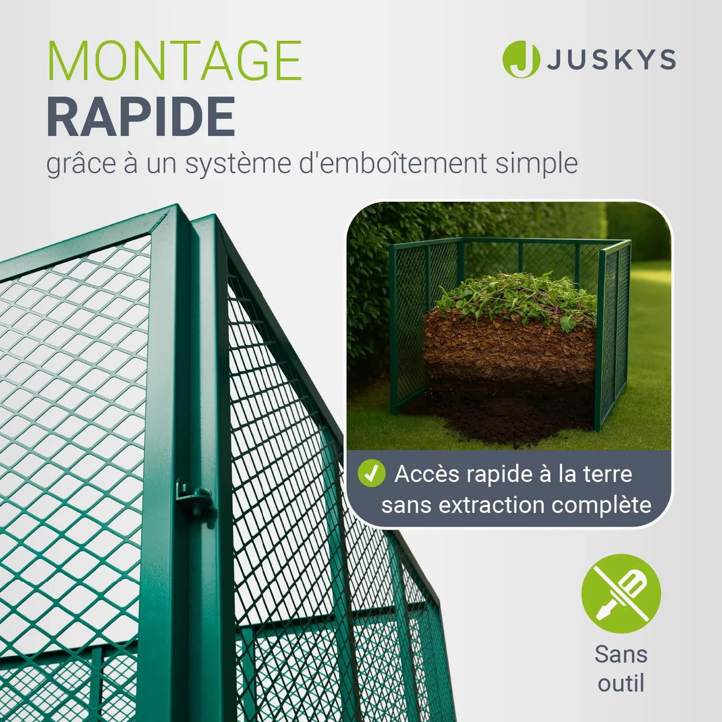 Juskys composteur en métal 800 L, Acier galvanisé et thermolaqué, résistant aux intempéries, aération par Cadre grillagé, compostage Rapide – Vert foncé