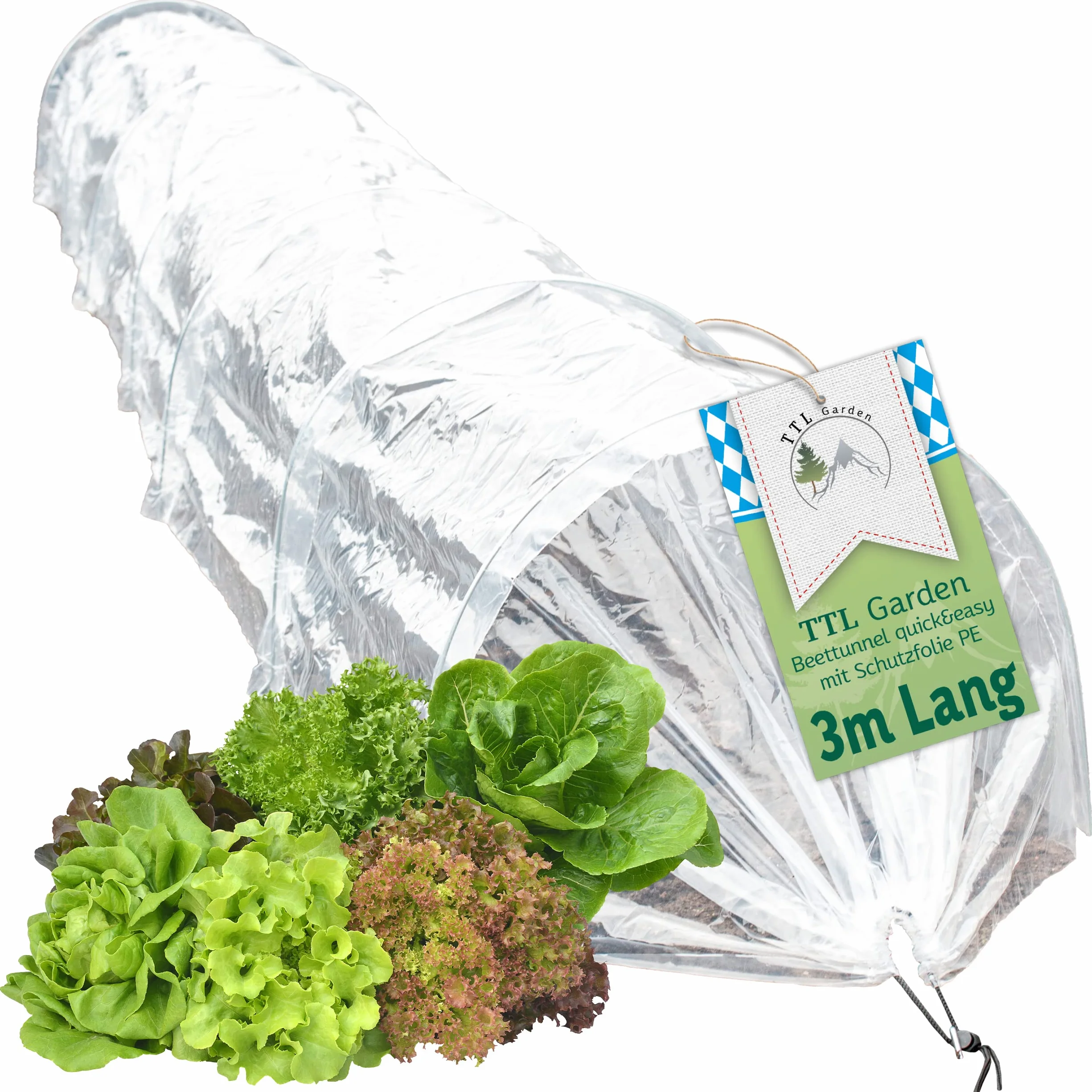 TTL GARDEN Quick&Easy Tunnel en film plastique 300 x 45 x 30 cm avec film polyéthylène – Tunnel en film plastique de 3 m immédiatement utilisable avec cordon 7 arcs de tunnels, pour plate-bande