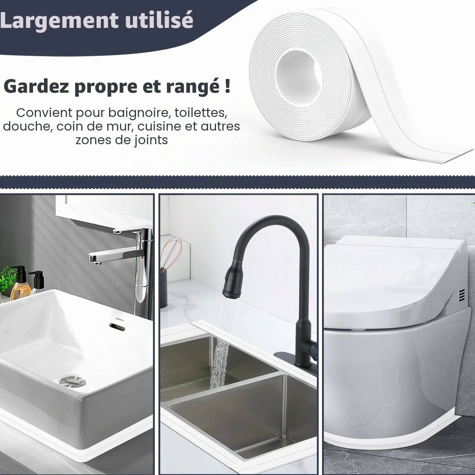 Mokani Ruban Joint Silicone Auto-Adhésif Bande Étanchéité Salle de Bain Blanc 320 x 3,8 cm