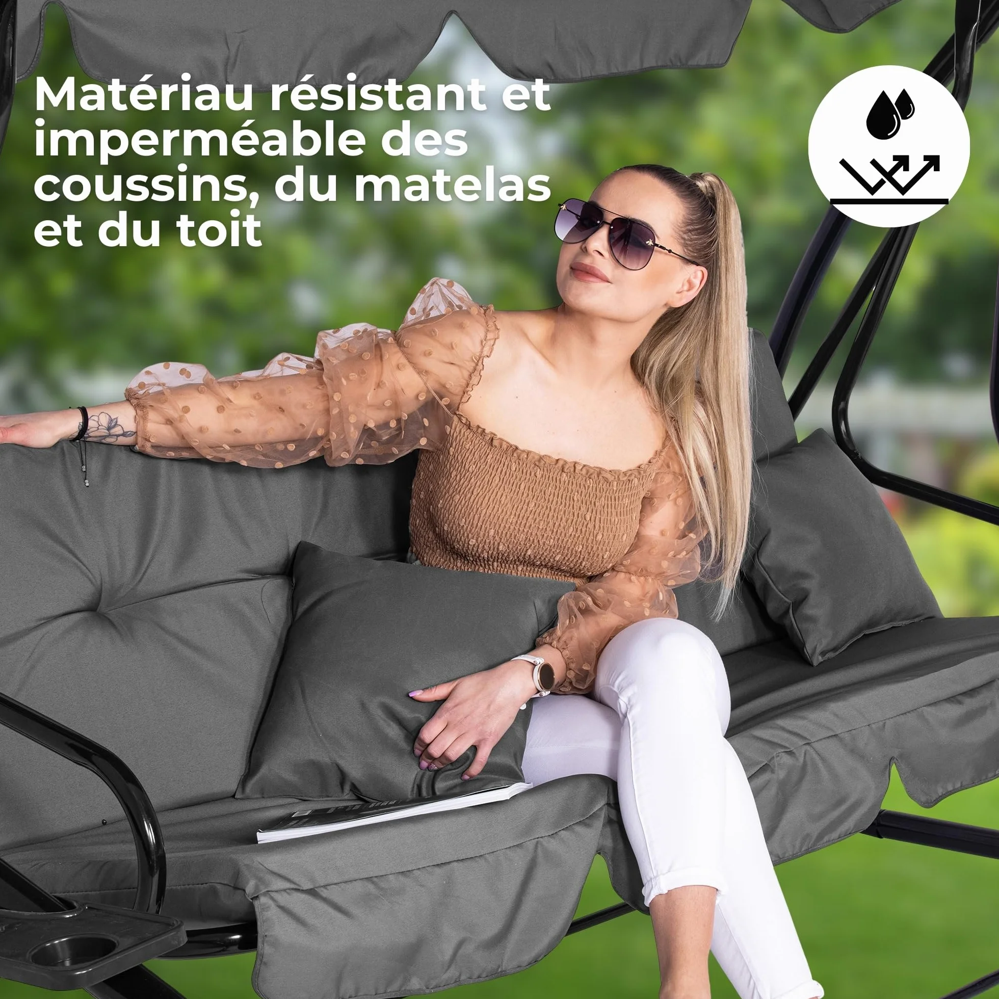 SPRINGOS Balancelle de Jardin 4 Places 220 x 162 cm avec 2 Coussins Porte-Gobelet Toit Réglable Balançoire Jardin Acier Gris