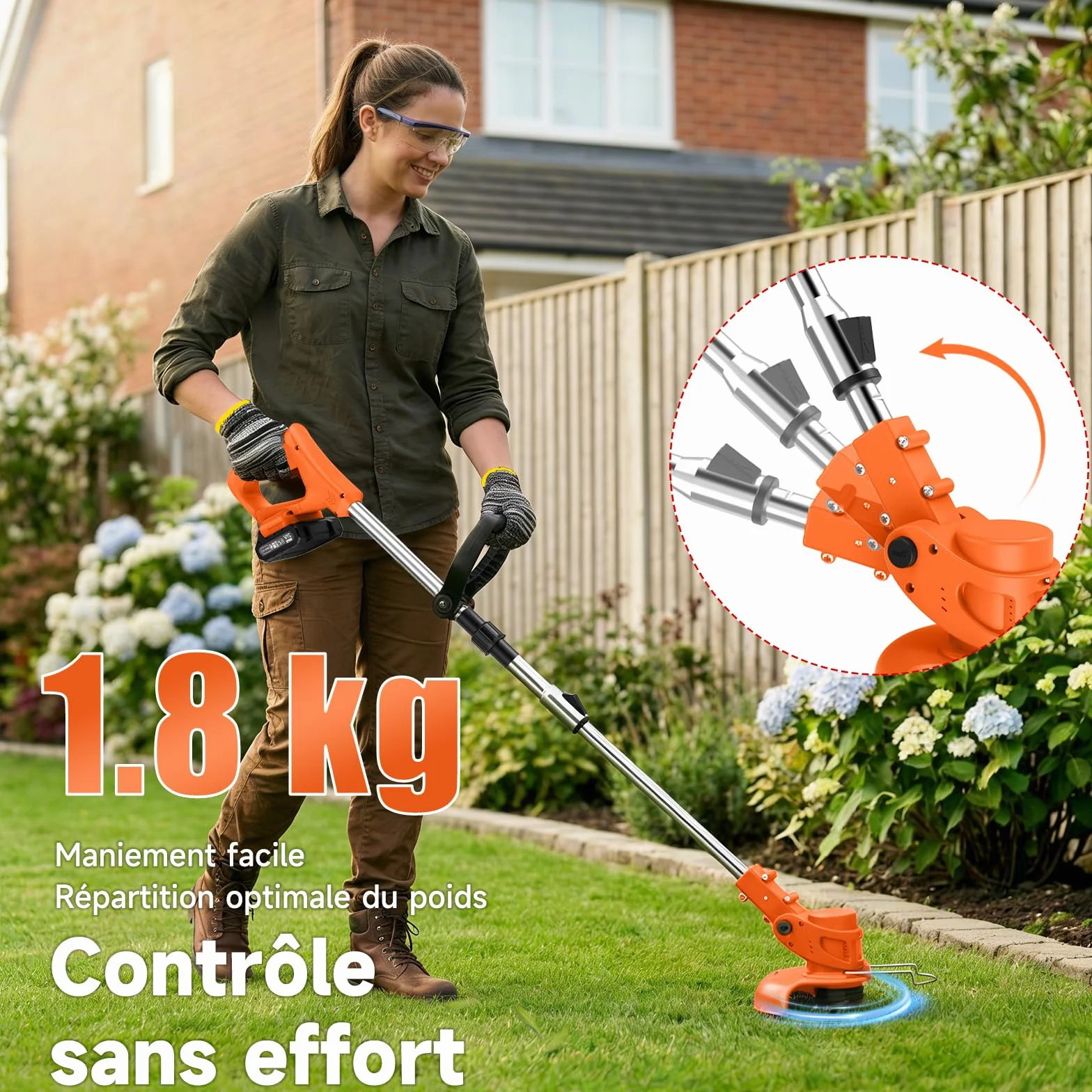 Debroussailleuse Electrique sans Fil 850W Rotofil 60cm Manche Telescopique 2x 2000mAh 26 Lames Orange Cuivré