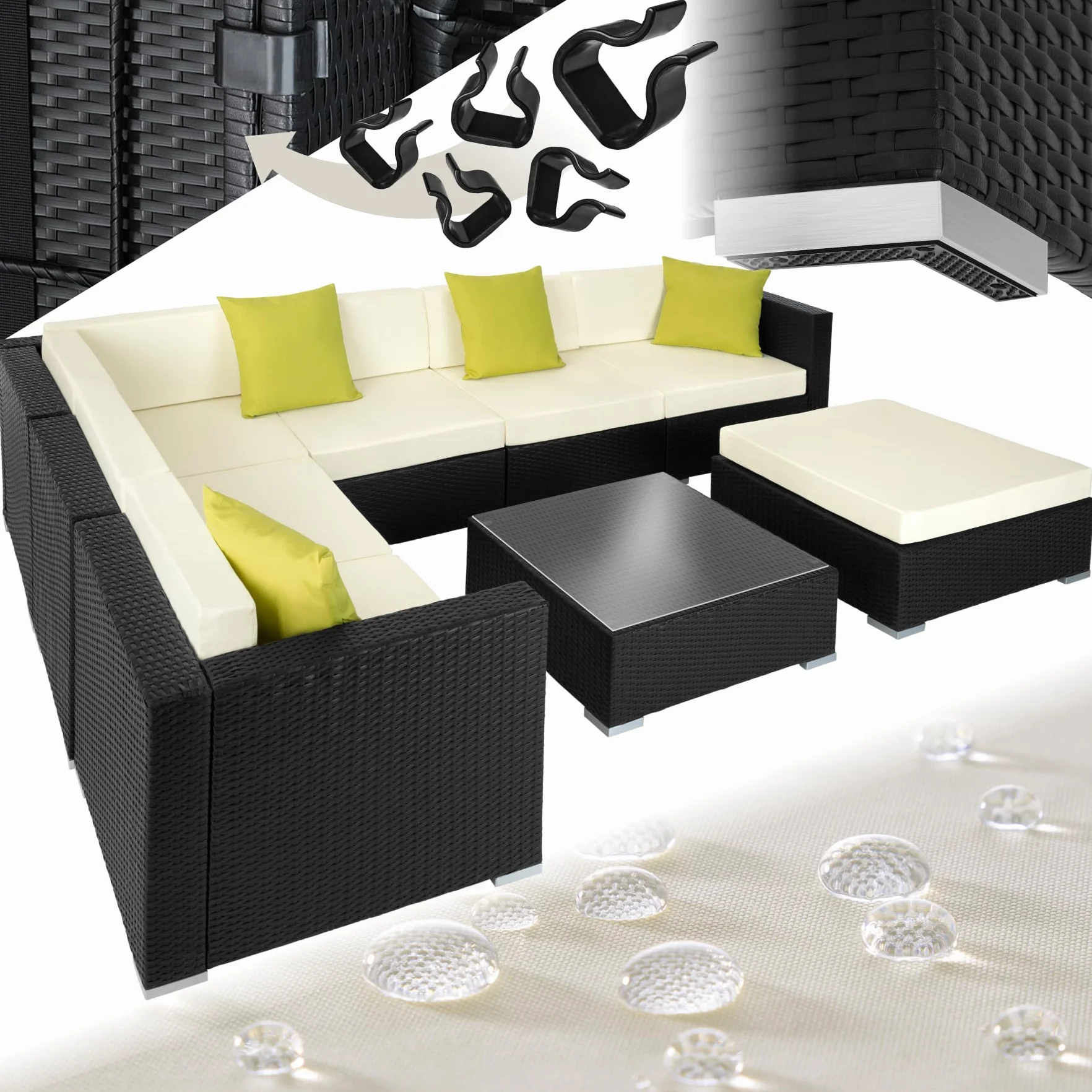 tectake® Salon de Jardin Exterieur Canapé de Jardin en Poly rotin 7 Places Modulable Cadre en Aluminium 6 Fauteuil Jardin 1 Tabouret Pouf 1 Table Coussins Inclus pour Amenagement Balcon Terrasse