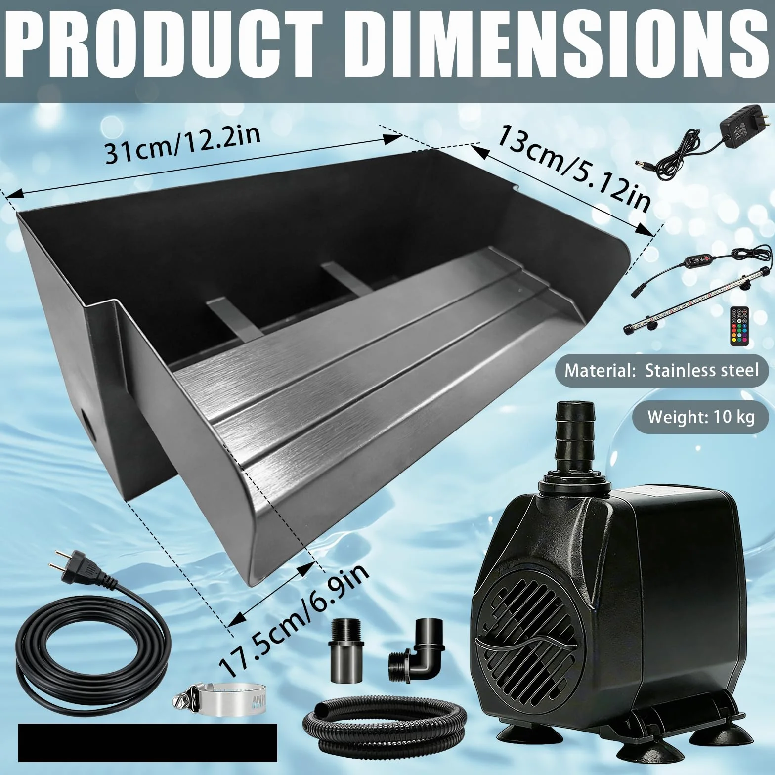 Cascade pour Bassin de Jardin en Acier Inoxydable 30 cm avec Éclairage LED Fontaine 45 W 3000 L/H
