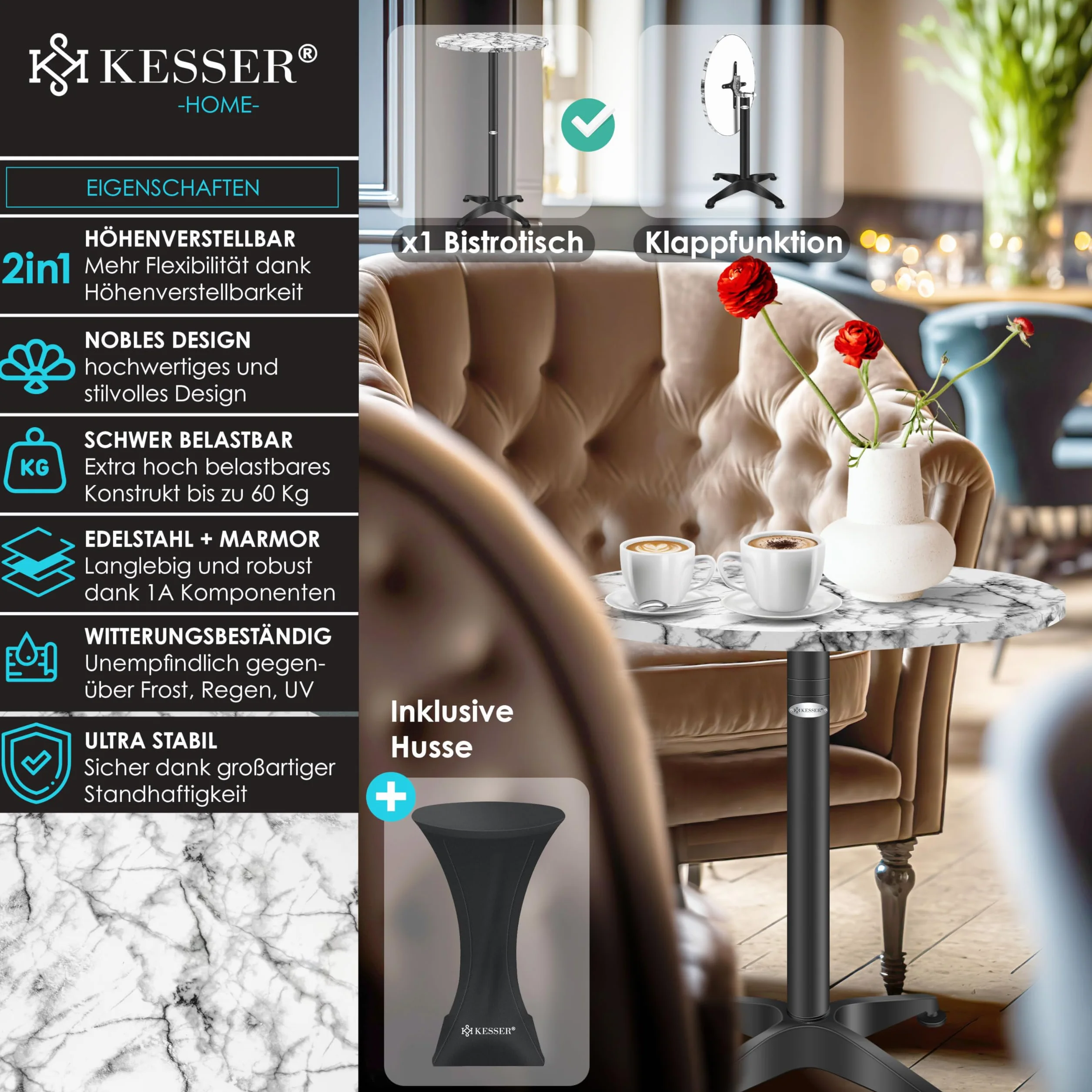 KESSER Table de bistrot pliable 2 en 1 - Plateau aluminium acier inoxydable - Hauteur réglable 70/115 cm - Ø 80 cm - Table pliante intérieur extérieur
