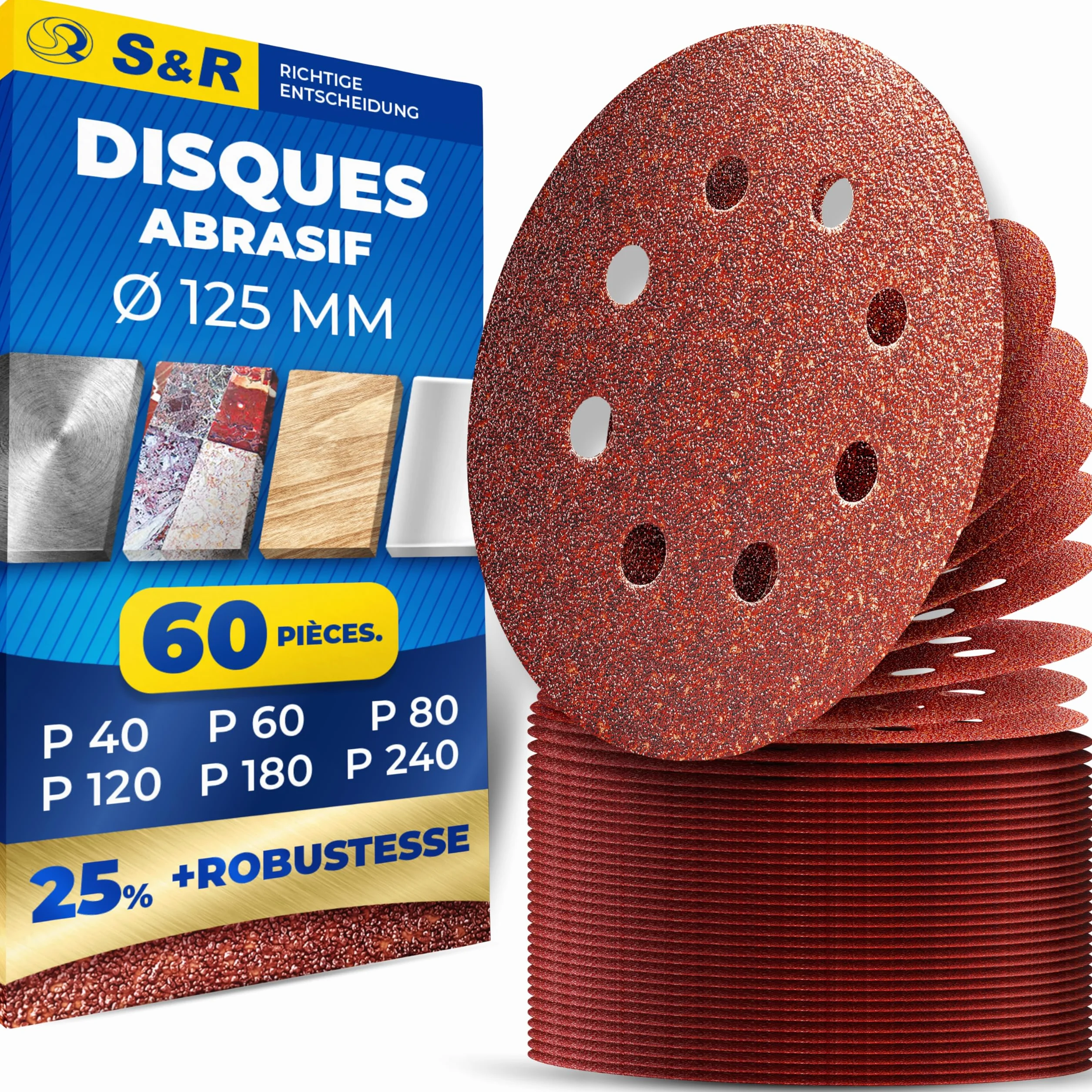 S&R Disque Abrasif 125mm Grain 40-240 Ponceuse Orbitale Excentrique