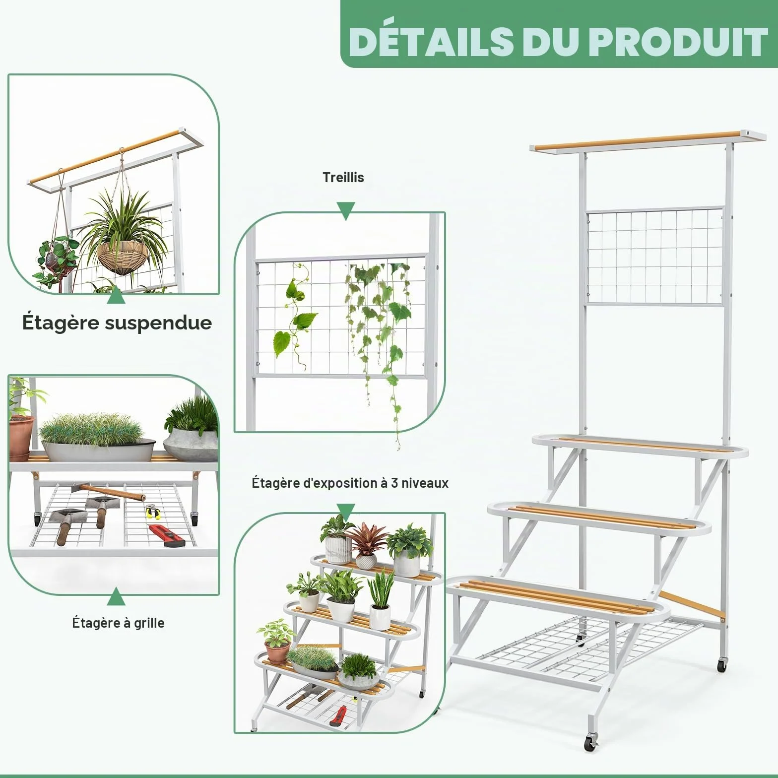 HOMASIS Support de plantes 4 niveaux avec treillis métal sur roulettes blanc naturel