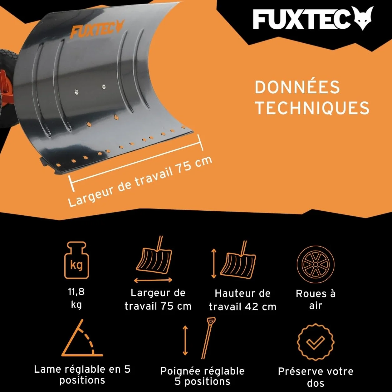 FUXTEC Pelle à Neige sur Roues Pliable 75 cm Largeur de Travail Hauteur 42 cm Hauteur réglable Angle de poussée réglable