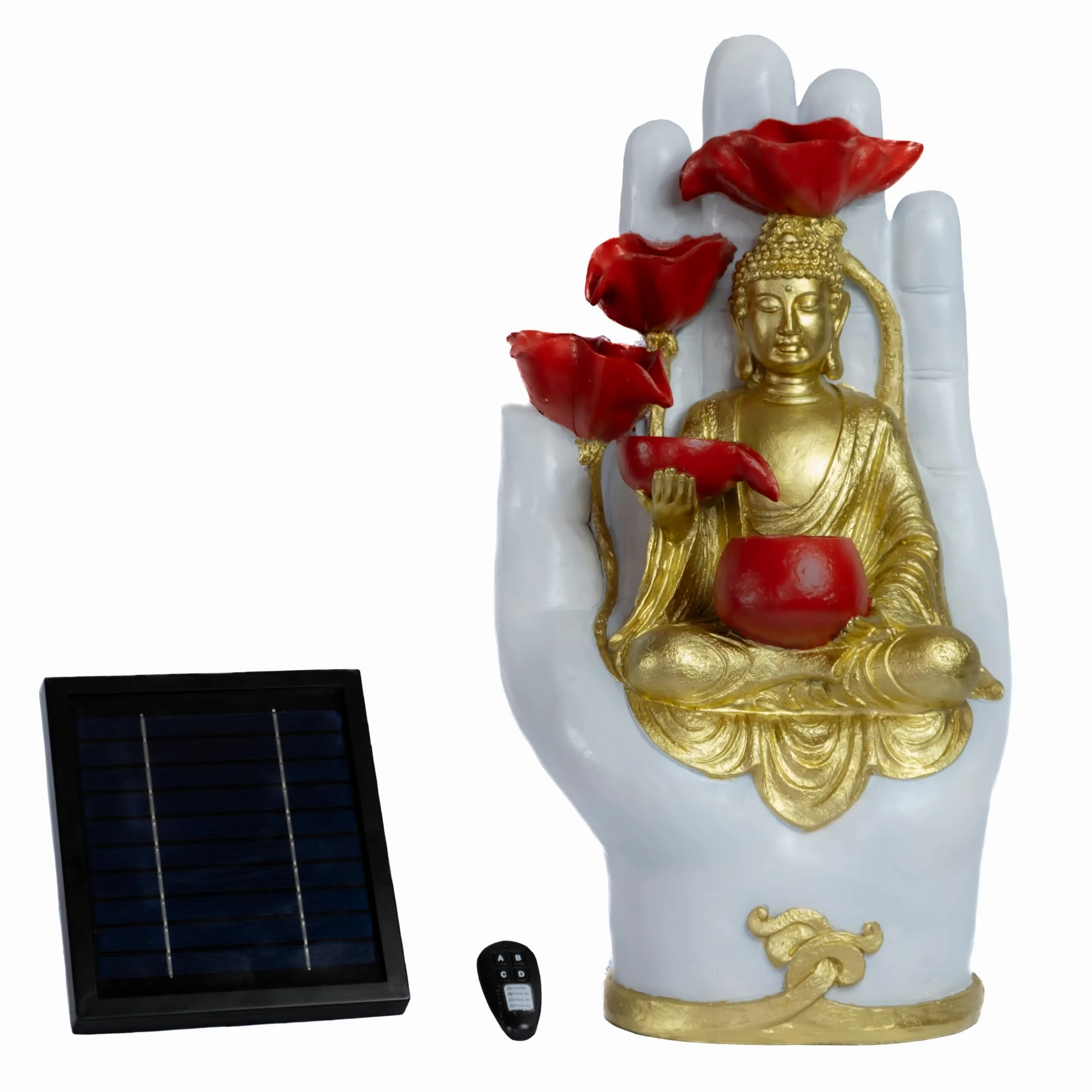 Statue de Bouddha Fontaine Solaire 58cm, Recharge USB ou Panneau Solaire câble 5m & télécommande, Décoration Jardin Fontaine Zen LED, Bouddha Decoration Intérieur & Extérieur