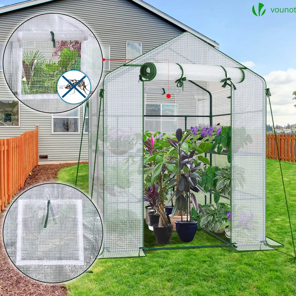 VOUNOT® Serre de Jardin PE 3 Niveaux 143x143x195cm Bâche Renforcée 135g/m2