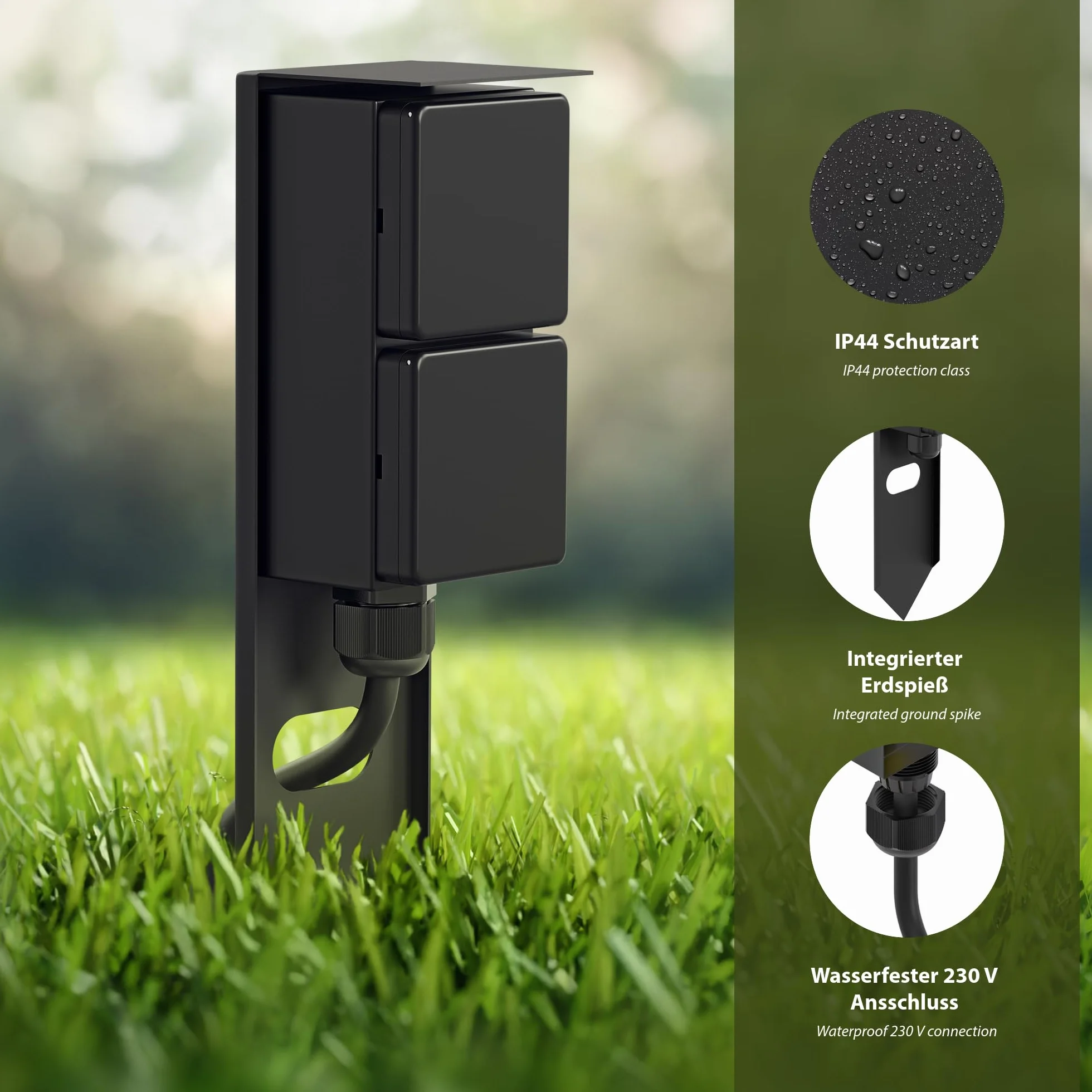 ledscom.de Colonne de Prises de Courant PIWI IP44 Acier Inoxydable Noir 30 cm