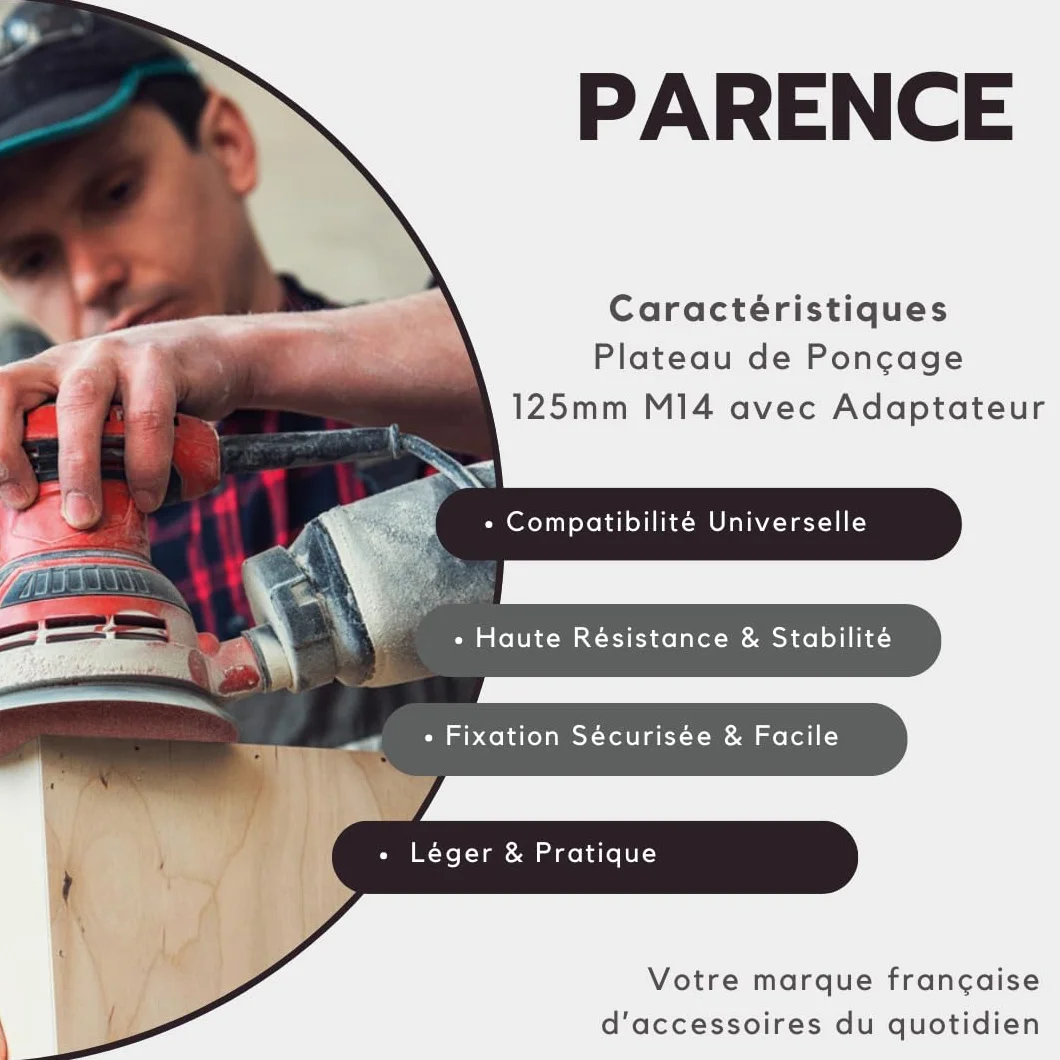 PARENCE. Plateau de Ponçage 125mm M14 avec Adaptateur pour Meuleuse, Perceuse et Ponceuse Orbitale 12500 tr/min