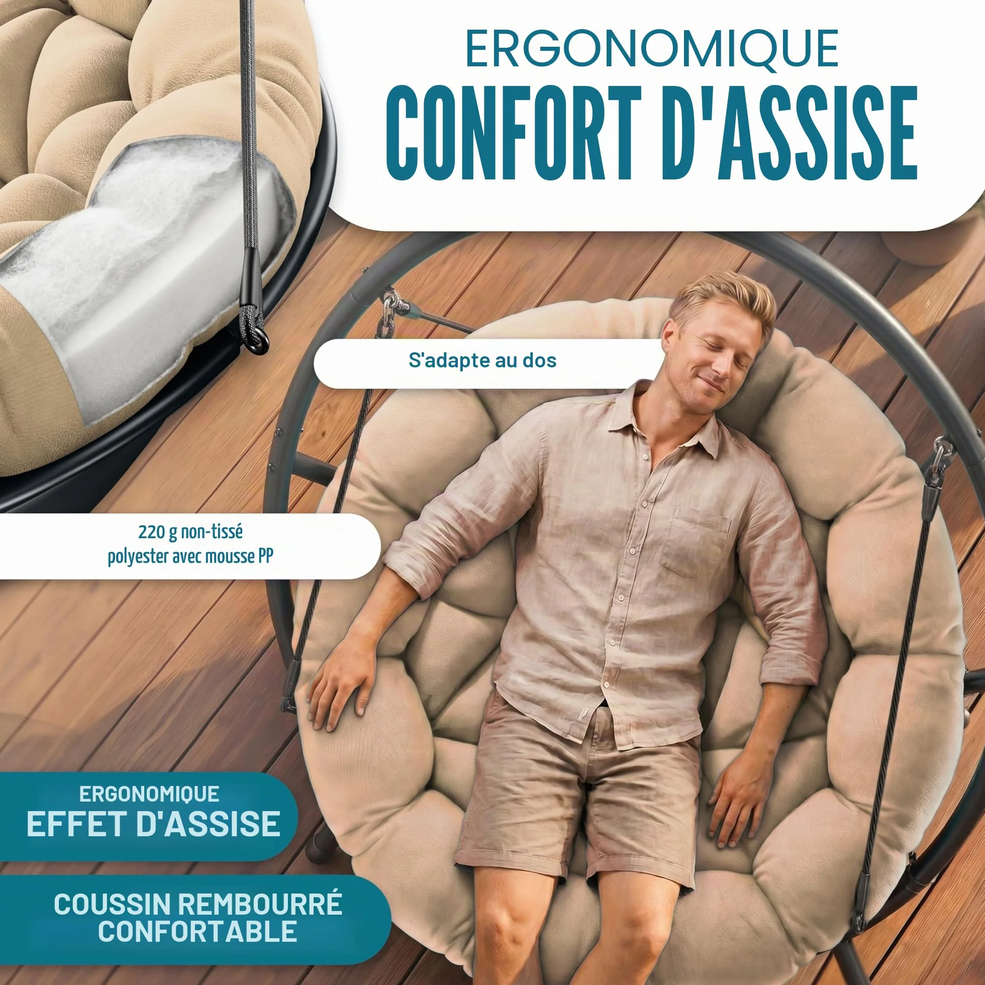 KESSER Fauteuil suspendu Bali balançoire chaise 150 kg acier intérieur extérieur coussin poche latérale