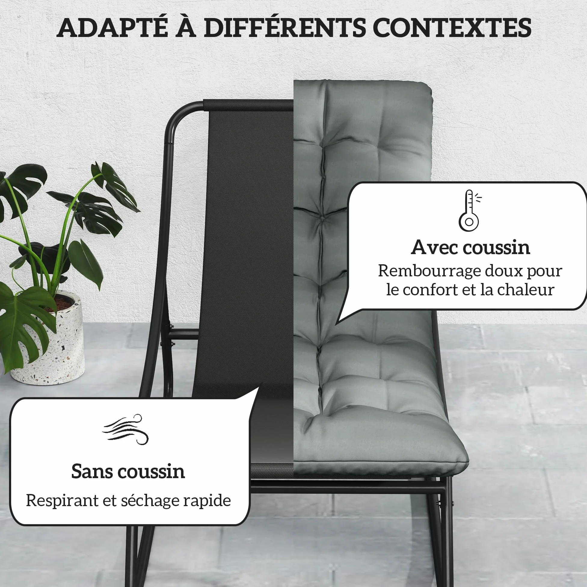 Outsunny Lot de 2 fauteuils à Bascule extérieur, chaises à Bascule avec Coussins épais, siège Tissu textilène Respirant et Cadre en Acier, Rocking Chair extérieur, Jardin, terrasse, Patio, Gris foncé