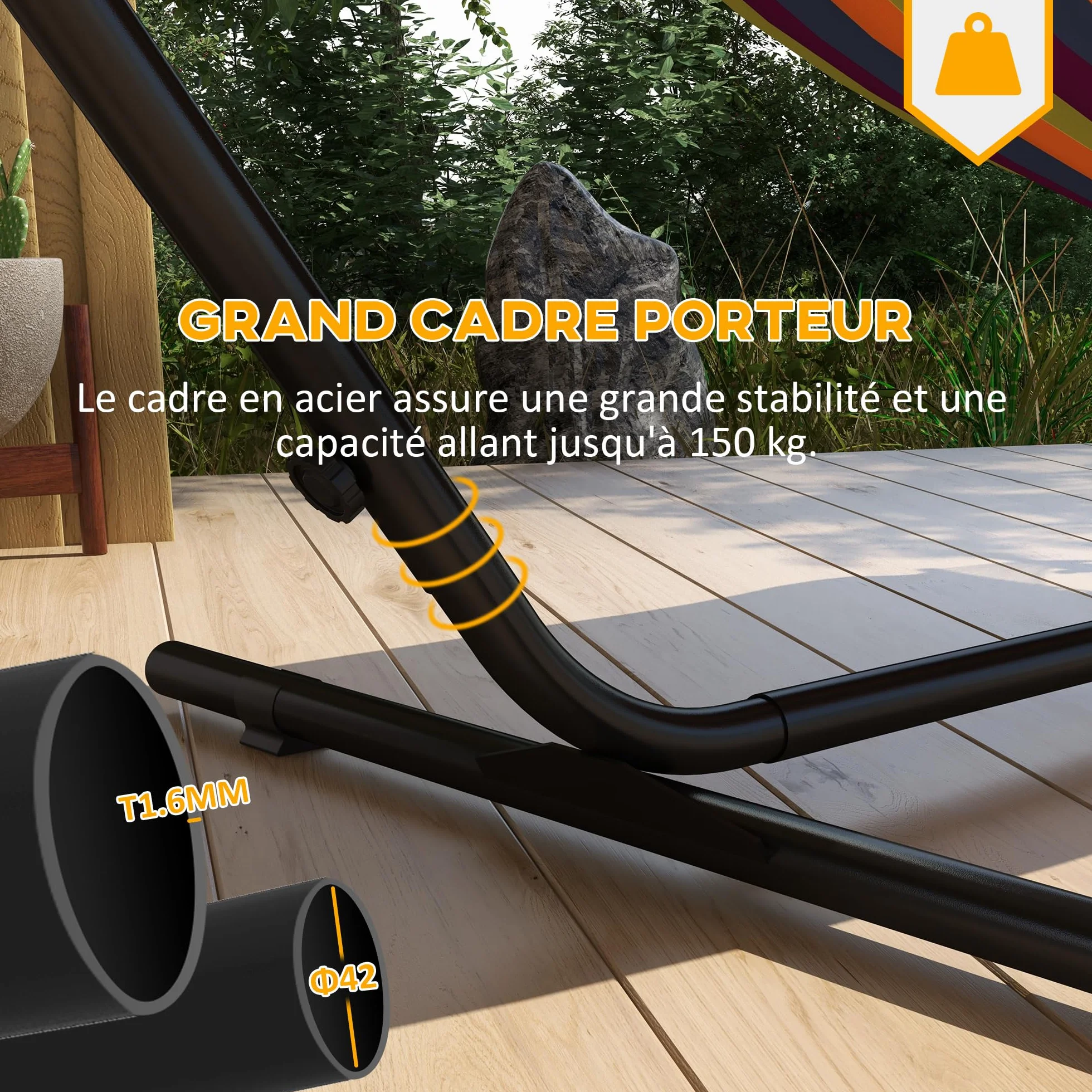 Outsunny Support Pied de hamac avec Porte-gobelet métal époxy Noir 305x129x109 cm 150kg