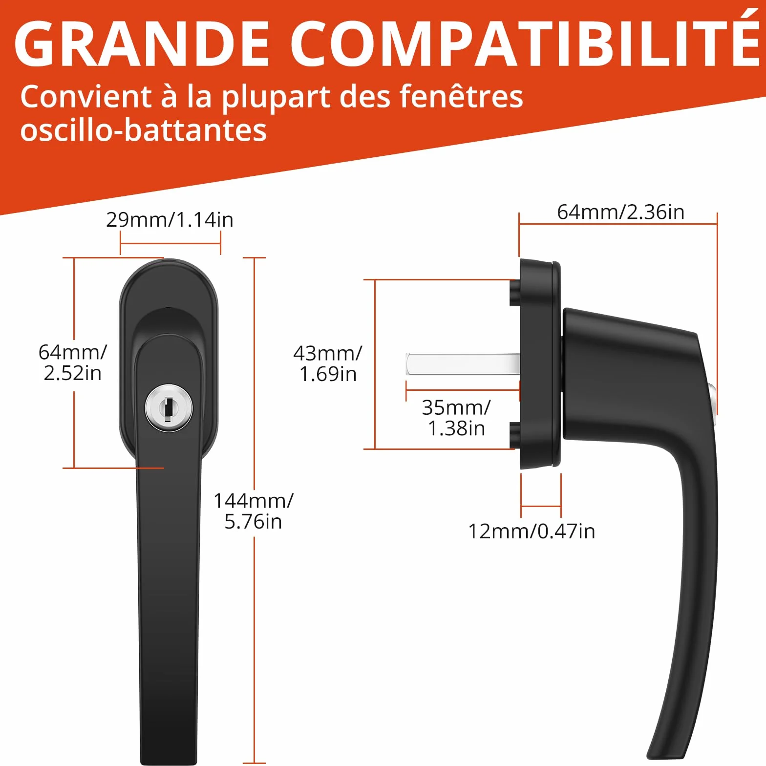 GETLITOOL Poignées de fenêtre verrouillables 35 mm Aluminium avec clés, sécurité Enfant, Noir