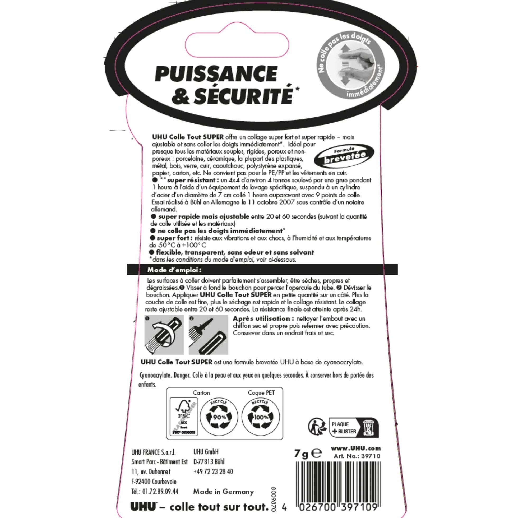 UHU Colle Tout Super Extra-Forte Universelle Tous Supports Prise Rapide Ajustable Résiste Humidité -50°C +100°C Tube 7 g